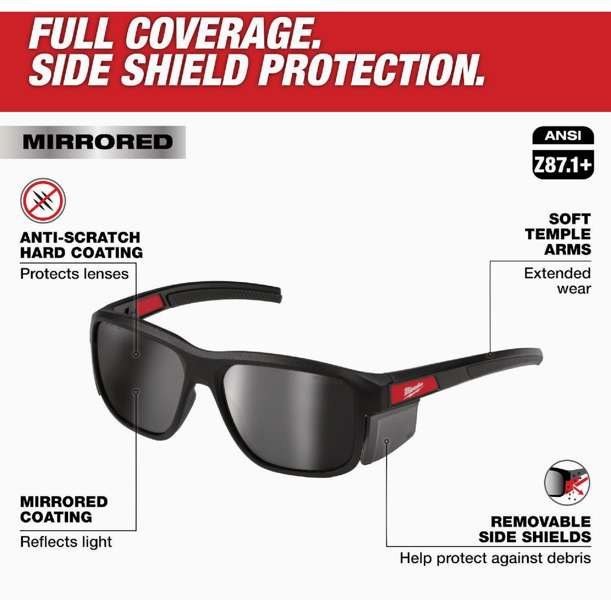 Milwaukee Full Frame Safety Glasses with Silver Mirrored Anti-Scratch Lenses & Removable Side Shields Image 3