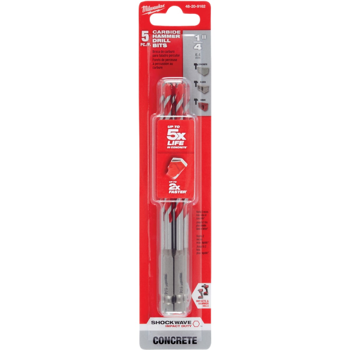 Milwaukee SHOCKWAVE 1/4 In. x 6 In. Impact Duty Masonry Carbide Hammer Drill Bit (5-Pack) Image 1