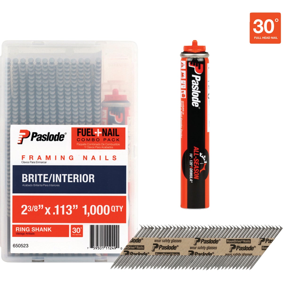Paslode 2-3/8 In. x 0.113 In. 30 Deg. Paper Tape Ring Shank Roundrive Brite Collated Framing Nails (1000-Count) with Fuel Cell