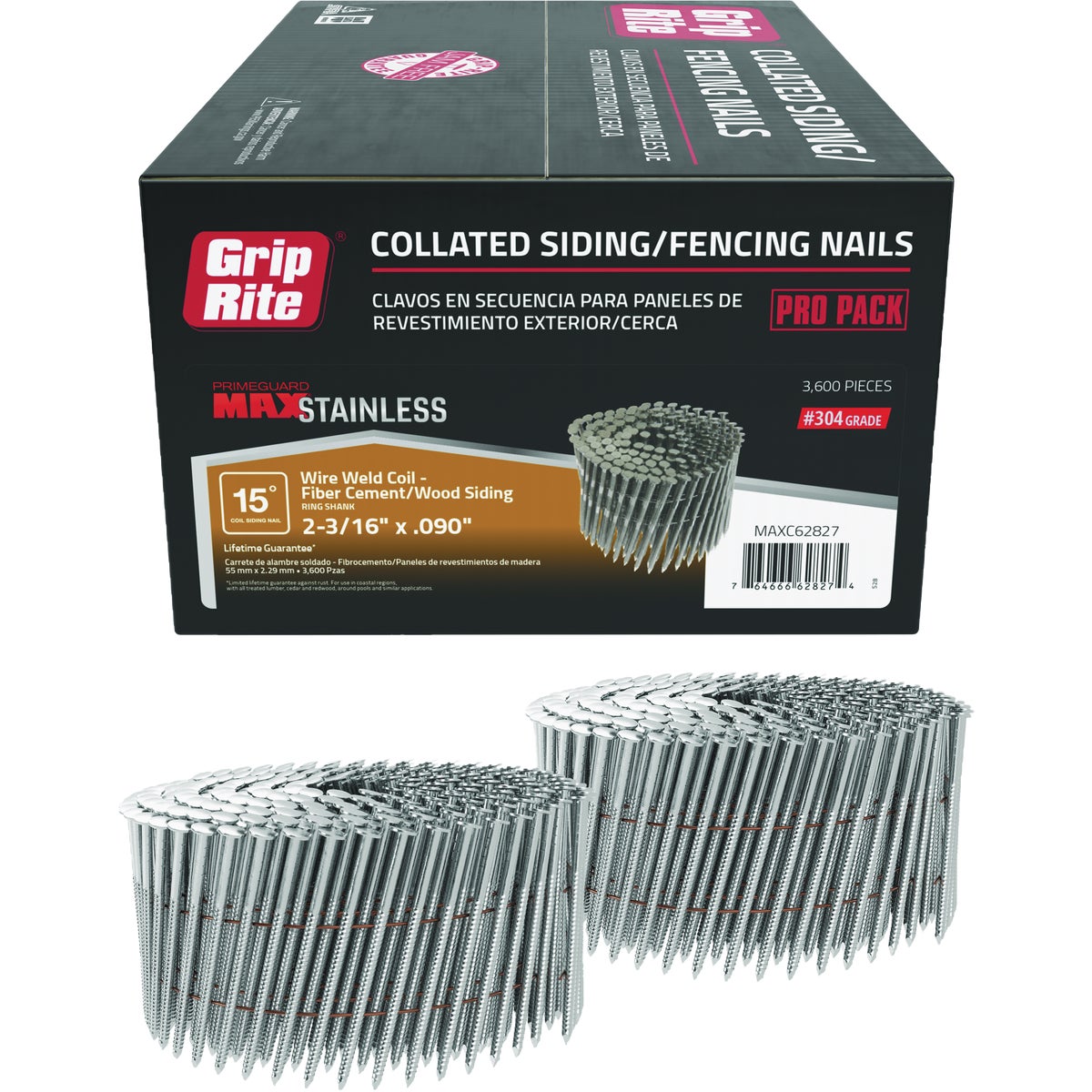Grip-Rite 2-3/16 In. x 0.090 In. 15 Deg. #304 Stainless Steel Ring Shank Checkered Head Wire Weld Collated Siding Nail (3600-Count) Image 1