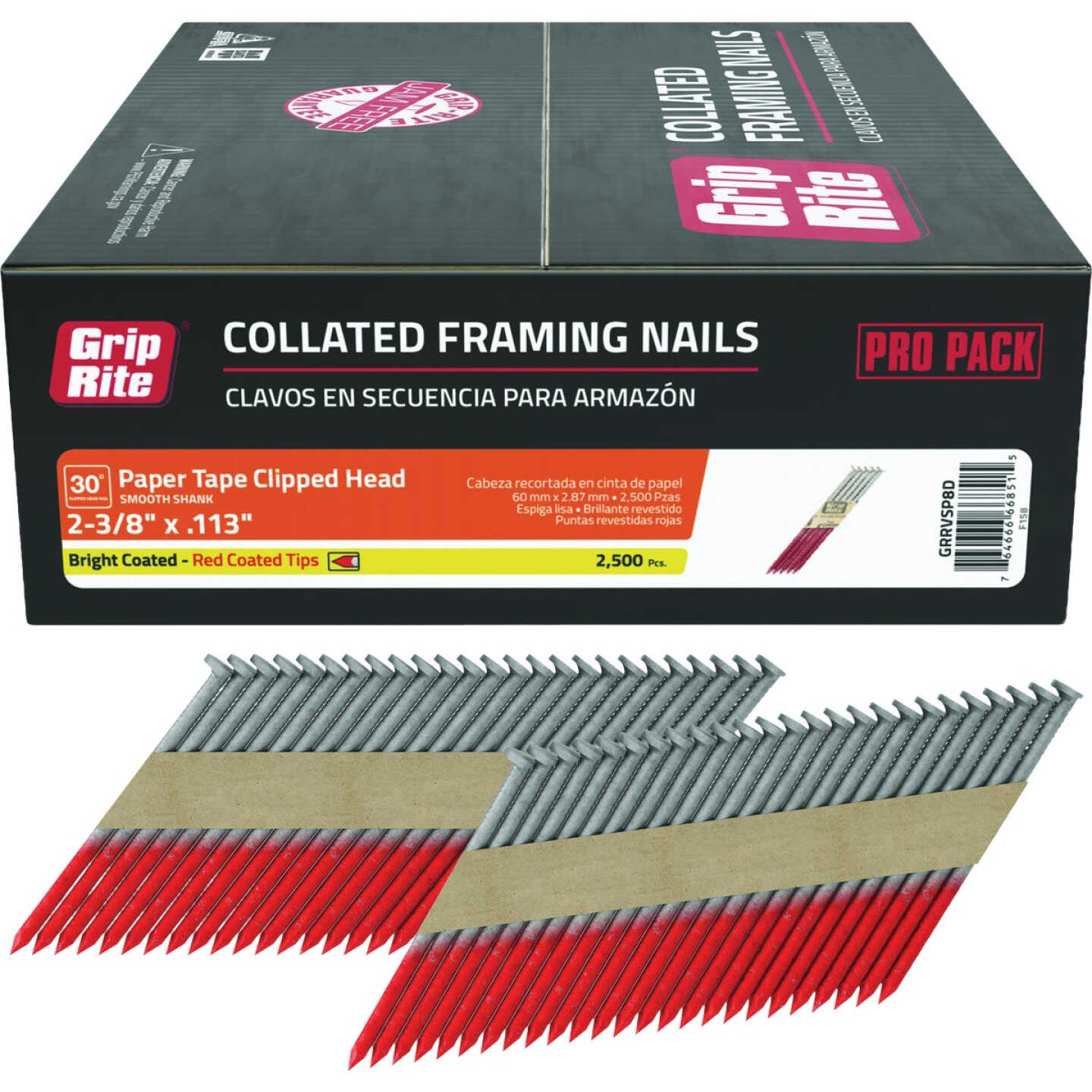 Grip-Rite 2-3/8 In. x 0.113 In. 30 Deg. Bright Coated Clipped Head Smooth Shank Paper Tape Collated Framing Nail (2500-Count) Image 1