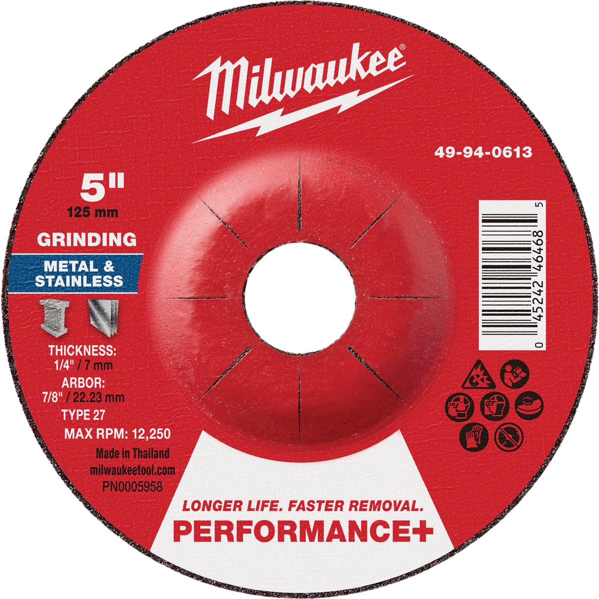 Milwaukee Type 27 5 In. x 1/4 In. x 7/8 In. Performance-Plus Metal Grinding Cut-Off Wheel