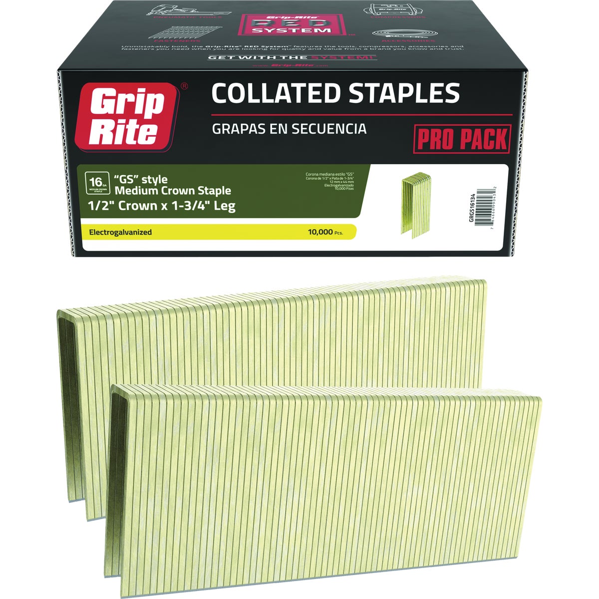 Grip-Rite 1/2 In. x 1-3/4 In. 16 ga Electrogalvanized GS-Style Collated Medium Crown Staple (10,000-Count) Image 1