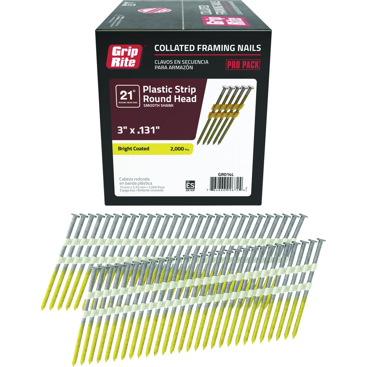 Grip-Rite 3 In. x 0.131 In. 21 Deg. Bright Coated Round Head Smooth Shank Plastic Strip Collated Framing Nail (2000-Count)