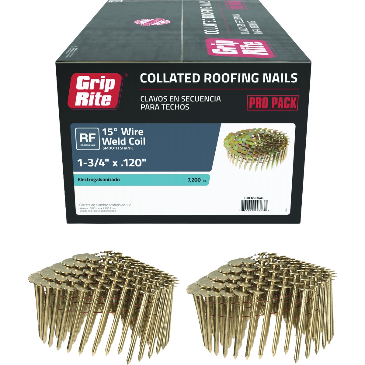 Grip-Rite 1-3/4 In. x 0.120 In. 15 Deg. Electrogalvanized Full Round Head Smooth Shank Wire Coil Collated Roofing Nail (7200-Count) Image 1