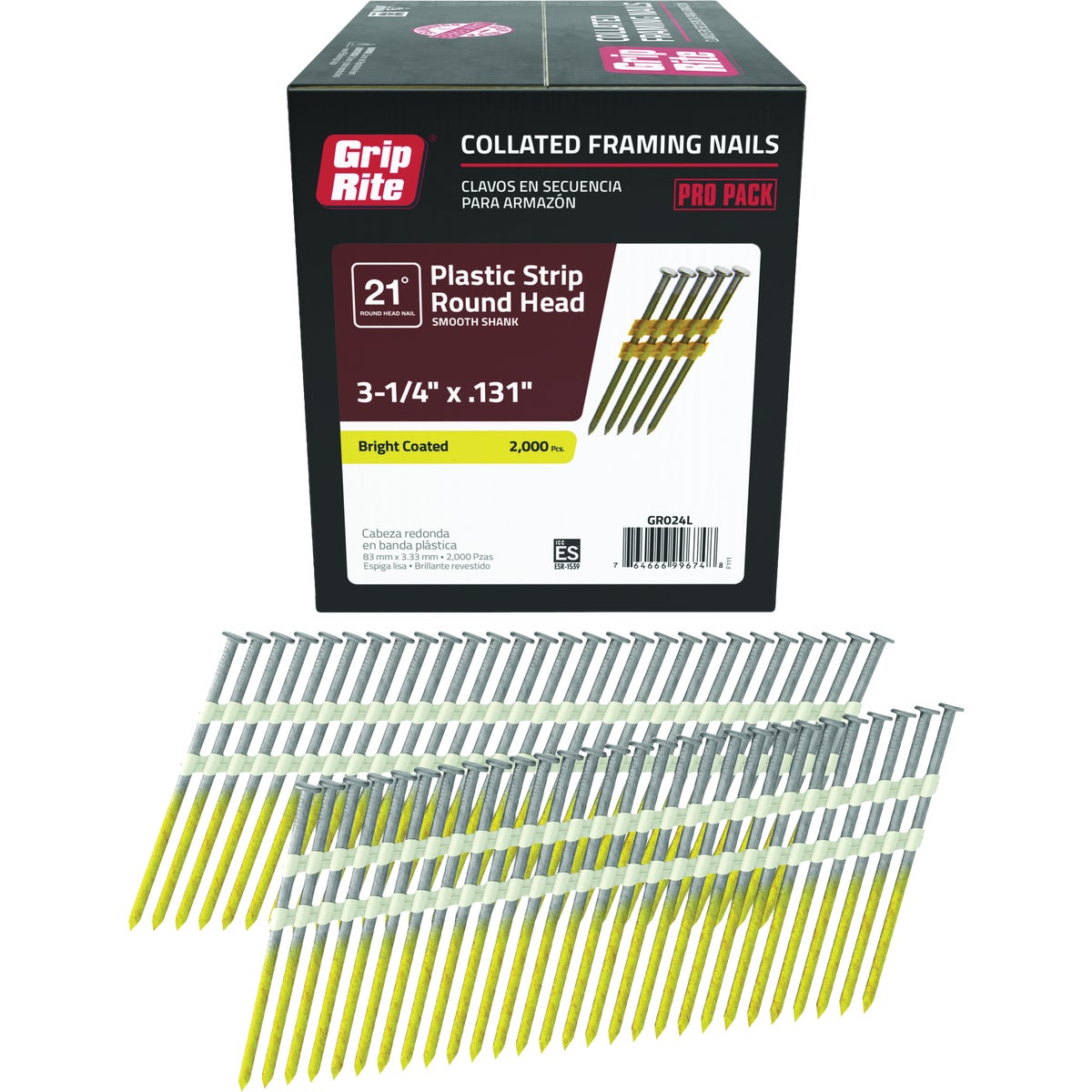Grip-Rite 3-1/4 In. x 0.131 In. 21 Deg. Bright Coated Round Head Smooth Shank Plastic Strip Collated Framing Nail (2000-Count) Image 1