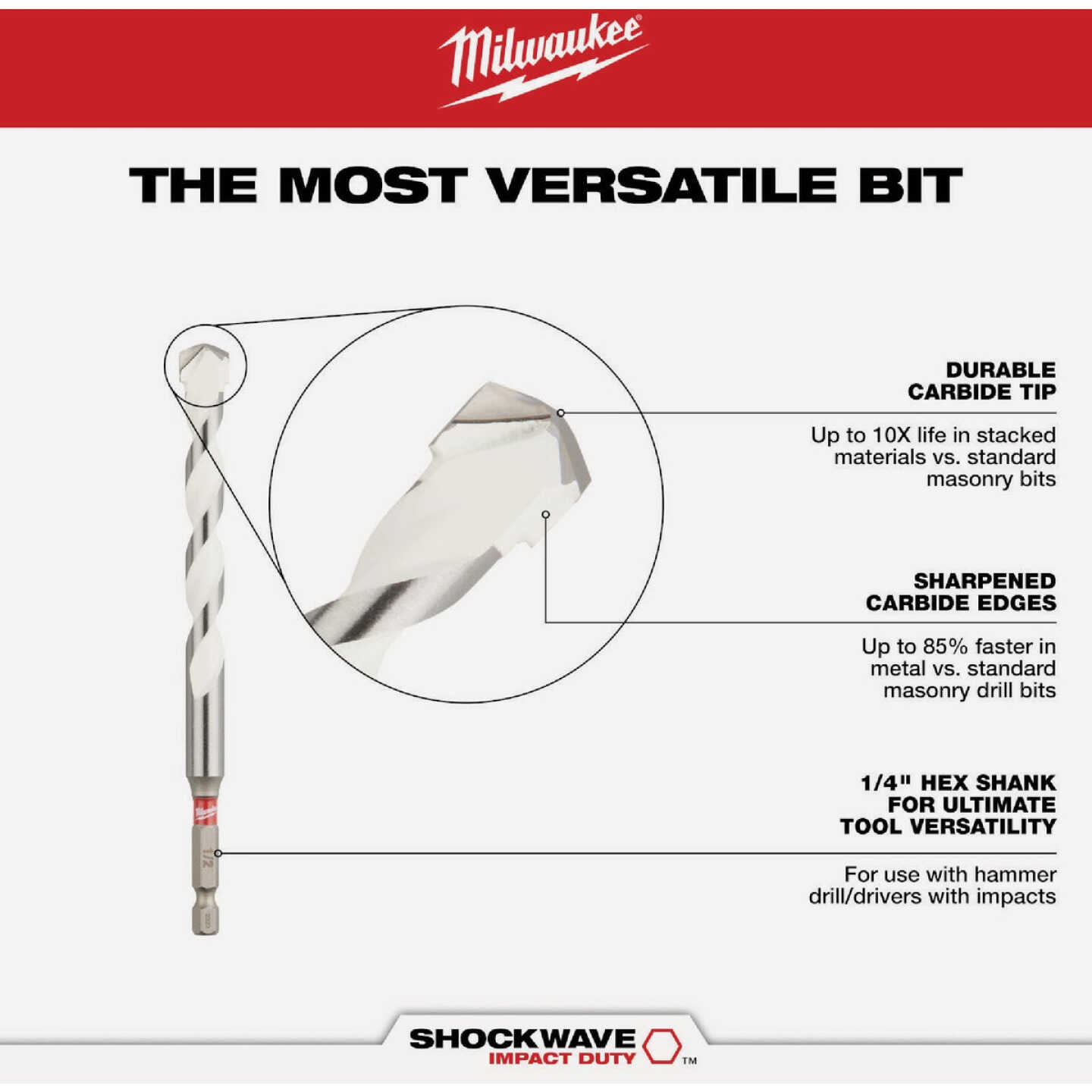 Milwaukee SHOCKWAVE 1/2 In. x 12 In. Impact Duty Carbide Multi-Material Hex Shank Drill Bit Image 2