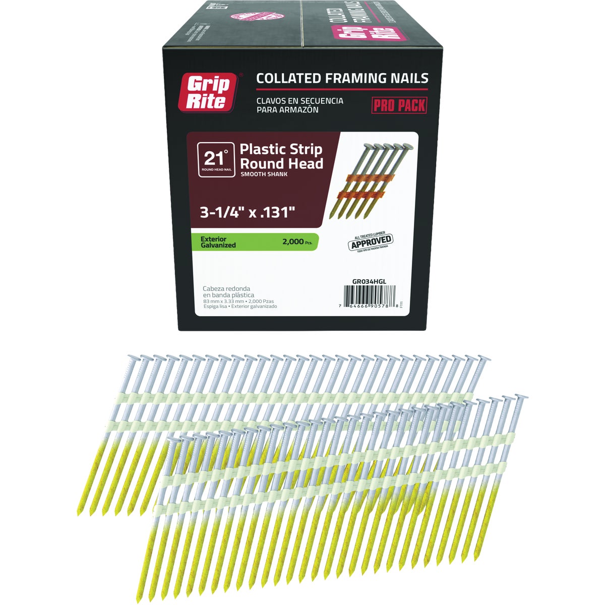 Grip-Rite 3-1/4 In. x 0.131 In. 21 Deg. Hot Galvanized Round Head Smooth Shank Plastic Strip Collated Framing Nail (2000-Count) Image 1