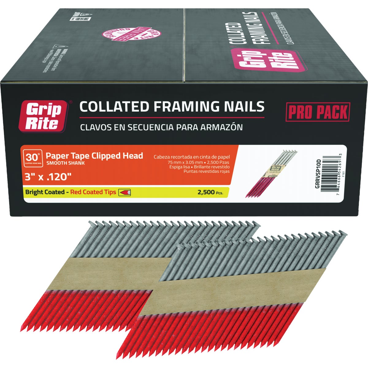 Grip-Rite 3 In. x 0.120 In. 30 Deg. Bright Coated Clipped Head Smooth Shank Paper Tape Collated Framing Nail (2500-Count) 40 Per Strip Image 1