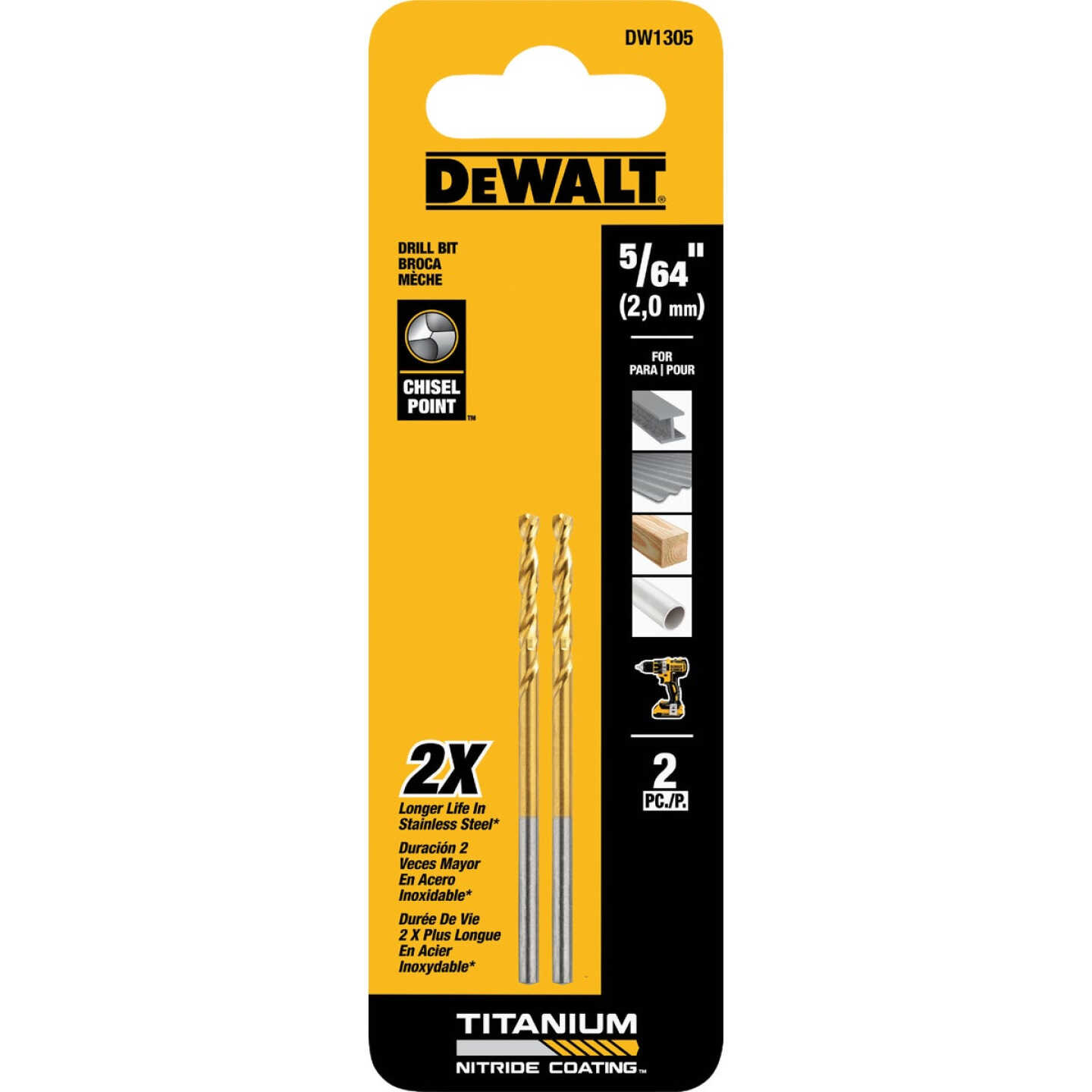 Dewalt 5/64 In. Titanium Nitride Coated HSS Jobber Length Twist Drill Bit (2-Pack) Image 1