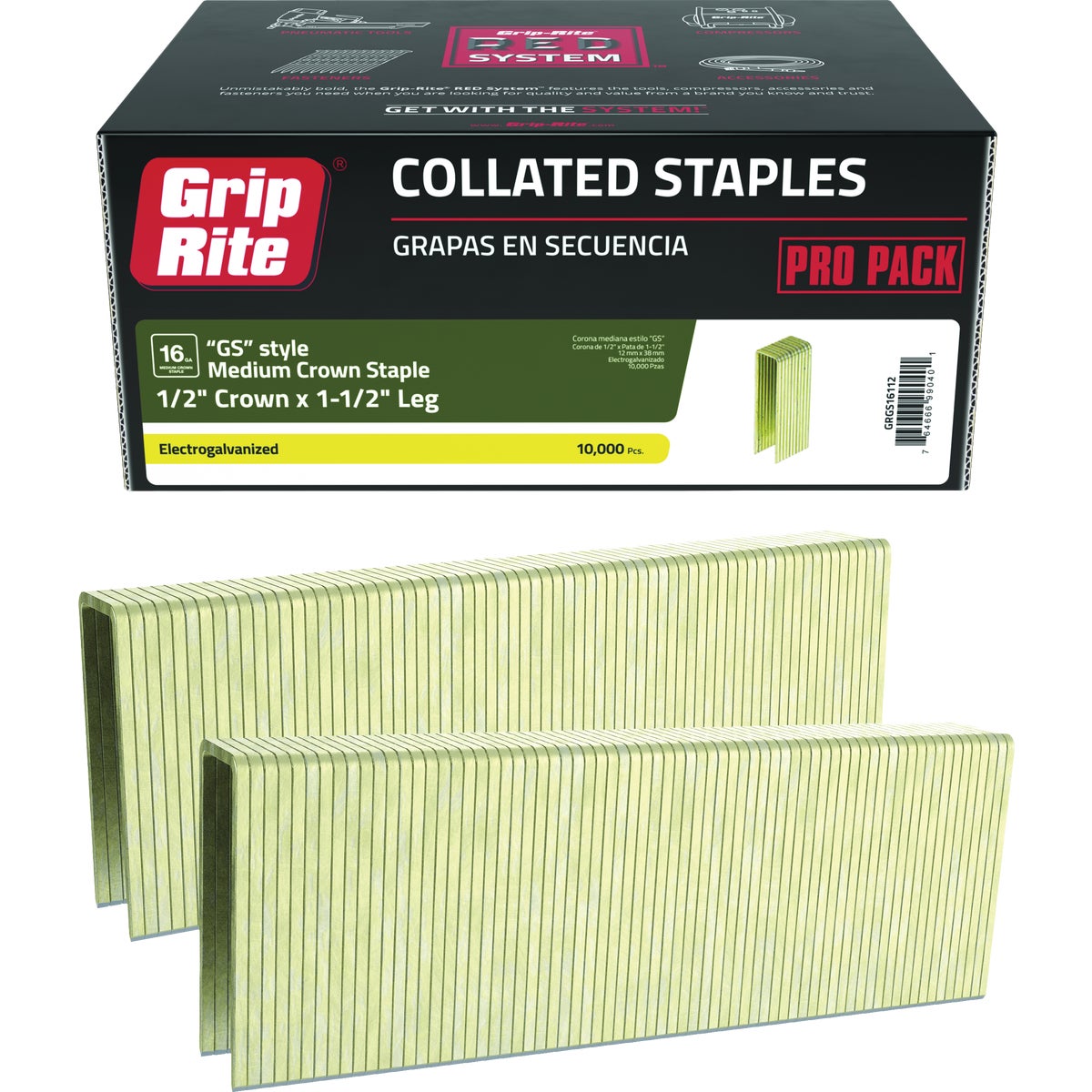Grip-Rite 1/2 In. x 1-1/2 In. 16 ga Electrogalvanized GS-Style Collated Medium Crown Staple (10,000-Count)