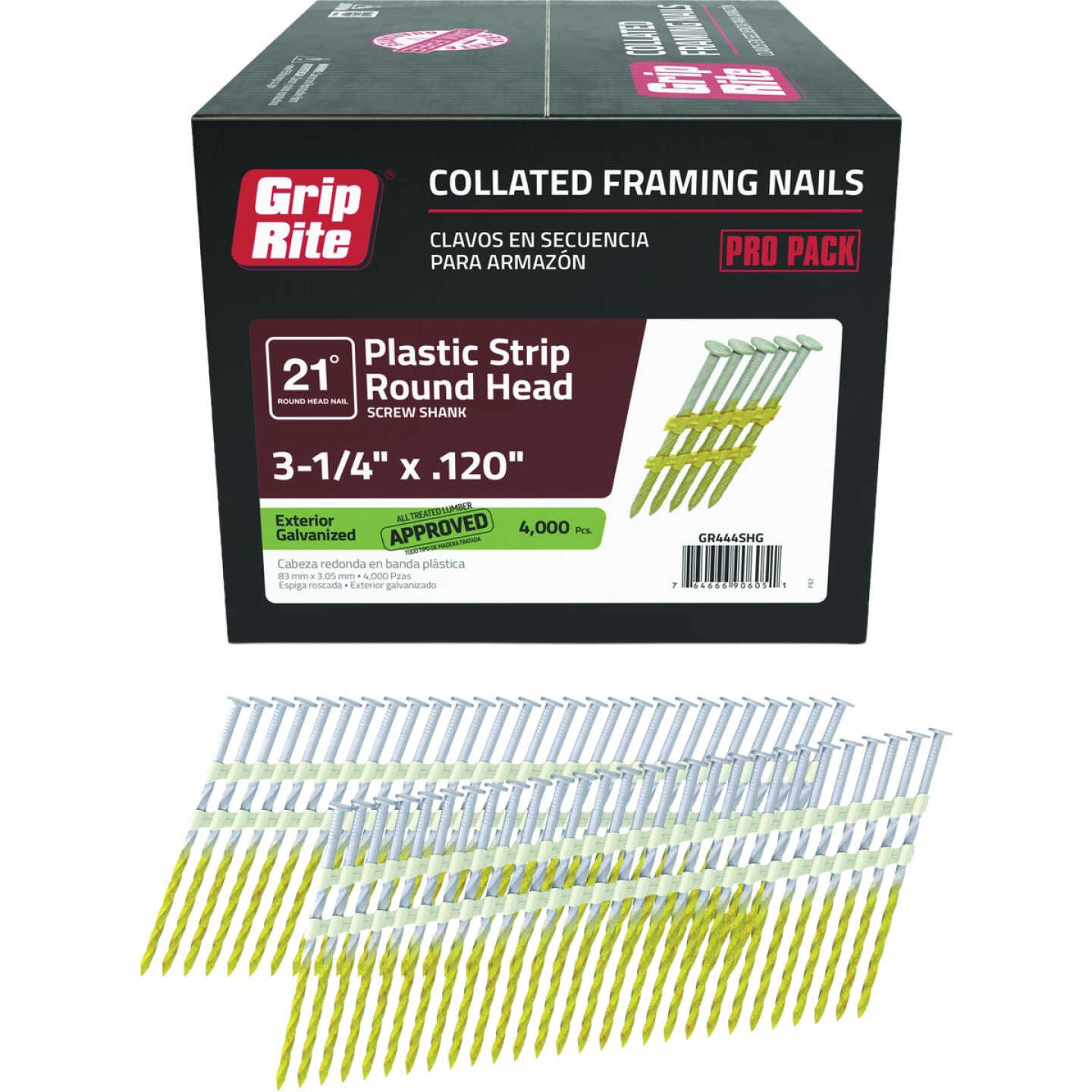 Grip-Rite 3-1/4 In. x 0.120 In. 21 Deg. Hot Galvanized Round Head Screw Shank Plastic Strip Collated Framing Nail (4000-Count) Image 1