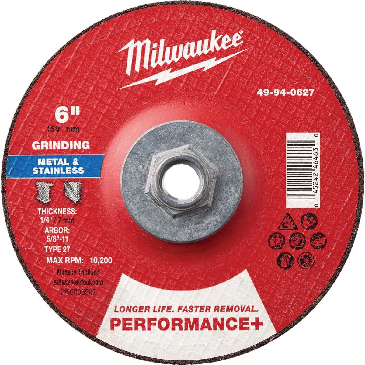 Milwaukee Type 27 6 In. x 1/4 In. x 5/8 In.-11 Performance-Plus Metal Grinding Cut-Off Wheel