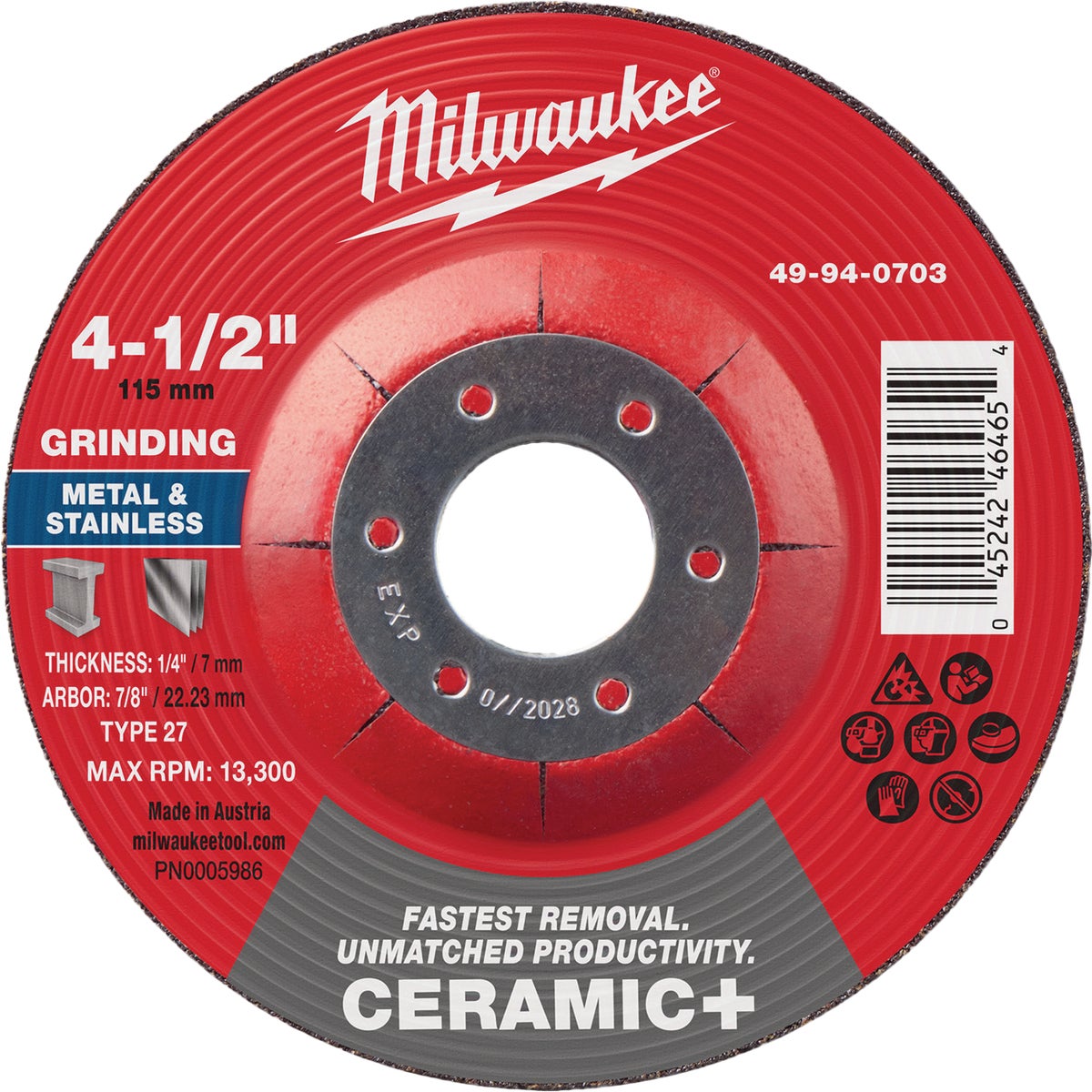 Milwaukee Type 27 4-1/2 In. x 1/4 In. x 7/8 In. Ceramic-Plus Metal Grinding Cut-Off Wheel