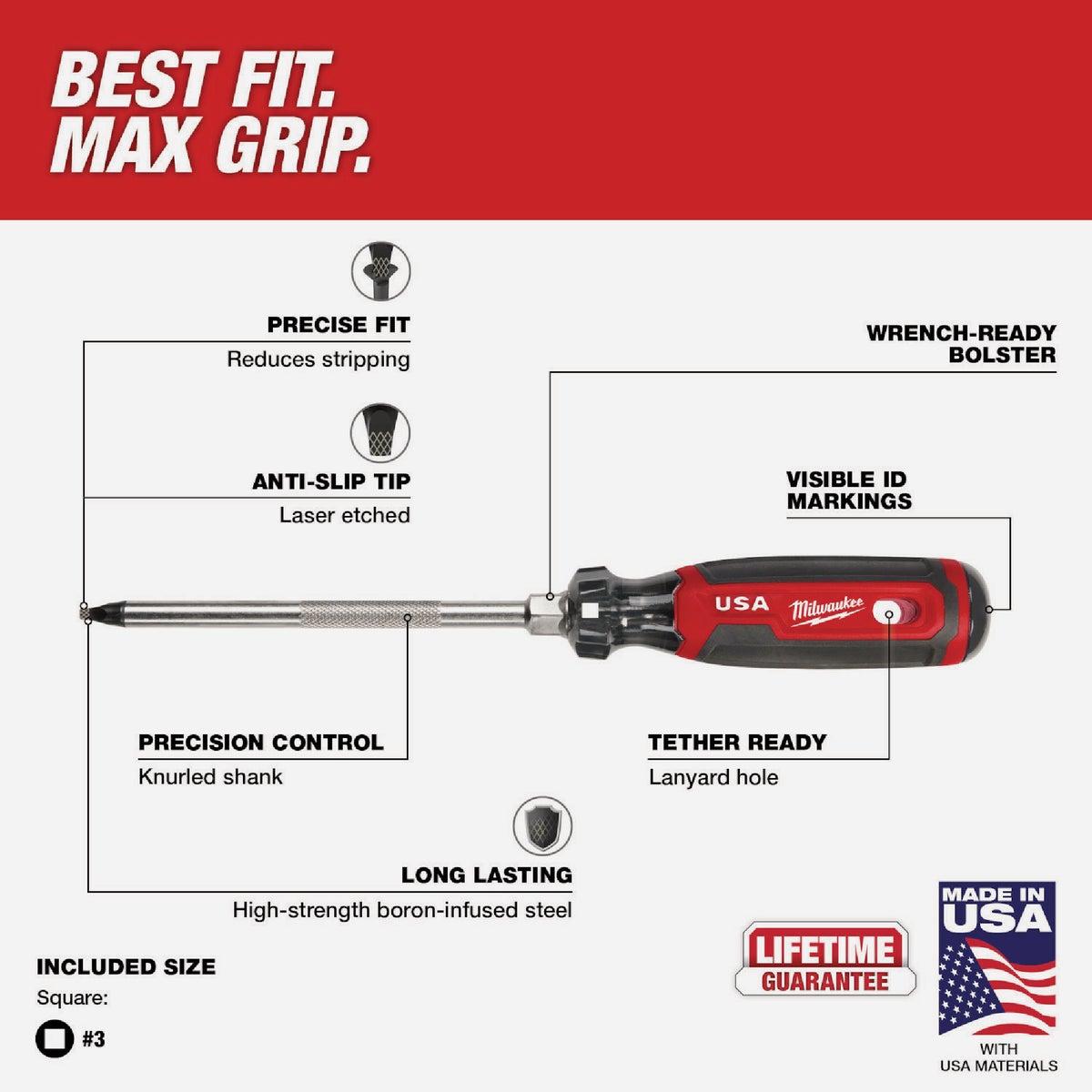 Milwaukee #3 x 6 In. Square Recess Cushion Grip Screwdriver (USA) Image 3