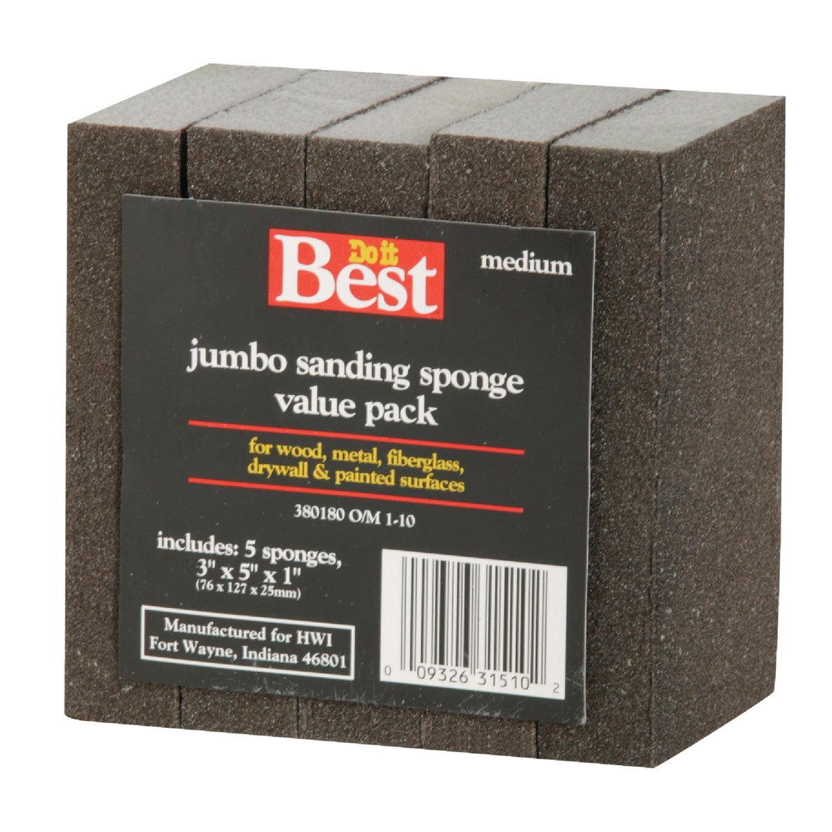Do it Best Jumbo All-Purpose 3 In. x 5 In. x 1 In. 80 Grit Medium Sanding Sponge (5-Pack) Image 1