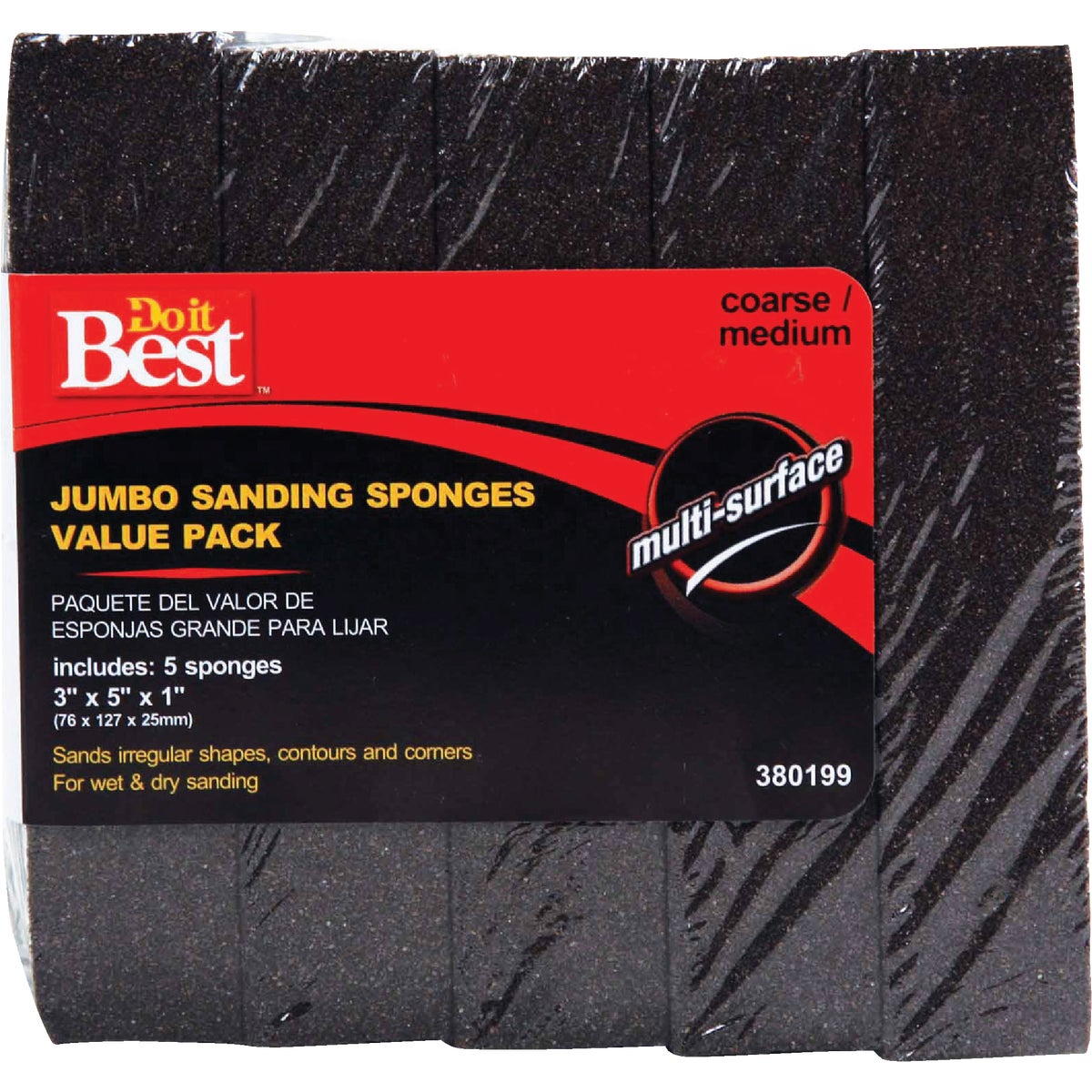 Do it Best Jumbo 3 In. x 5 In. x 1 In. Medium/Coarse Sanding Sponge (5-Pack) Image 1