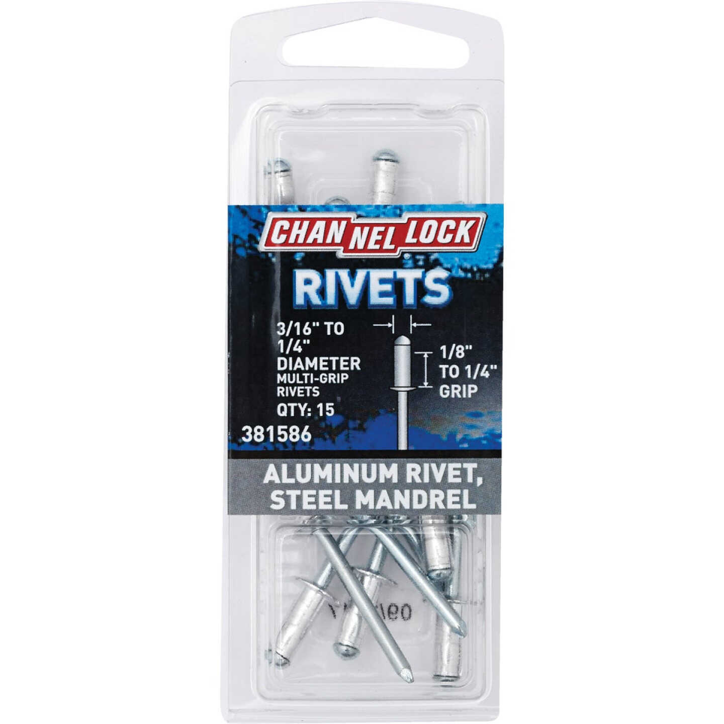 Channellock 3/16 In. to 1/4 In. Dia. x 0.063 In. to 0.250 In. Grip Aluminum Multigrip POP Rivet (15-Pack) Image 1