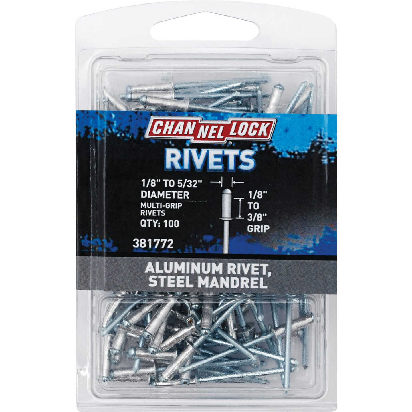 Channellock 1/8 In. to 5/32 In. Dia. x 0.157 In. to 0.315 In. Grip Aluminum Multigrip POP Rivet (100-Pack) Image 1