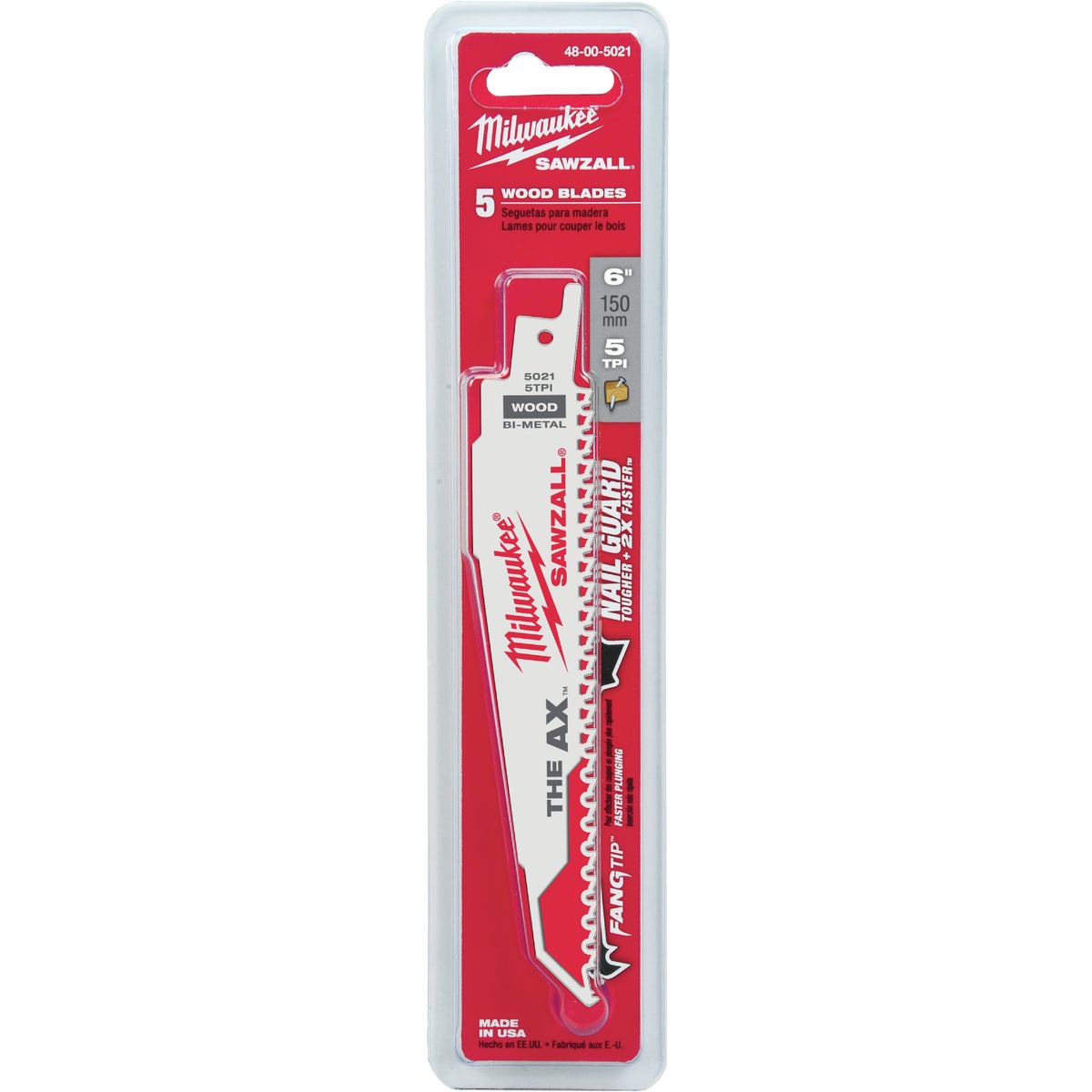 Milwaukee SAWZALL The AX 6 In. 5 TPI Wood with Nails Demolition Reciprocating Saw Blade (5-Pack) Image 2