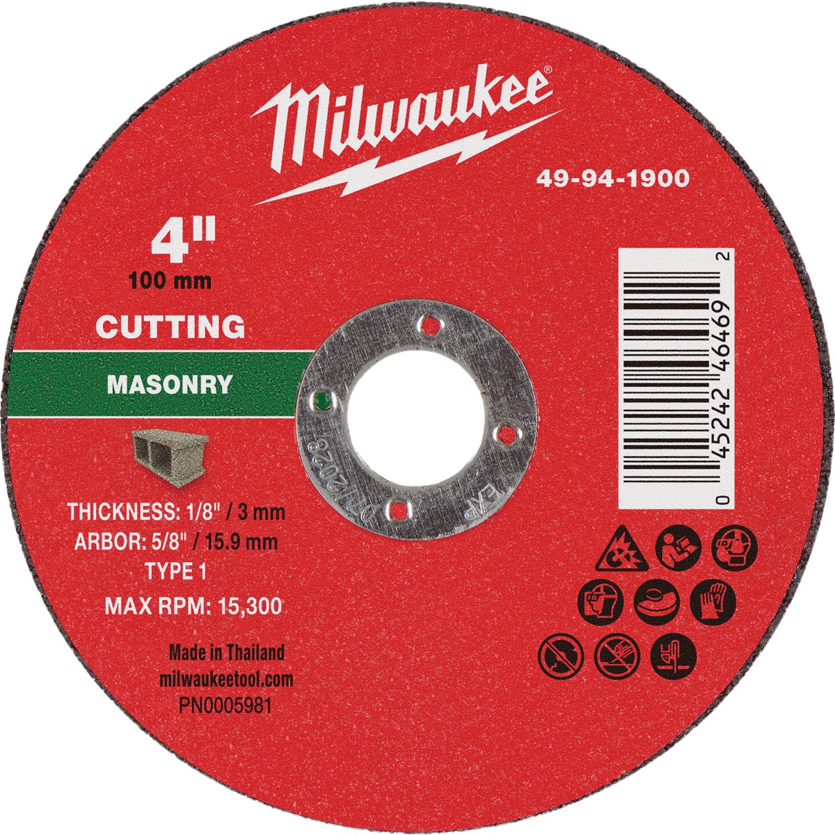 Milwaukee Type 1 4 In. x 1/8 In. x 5/8 In. Masonry Cut-Off Wheel