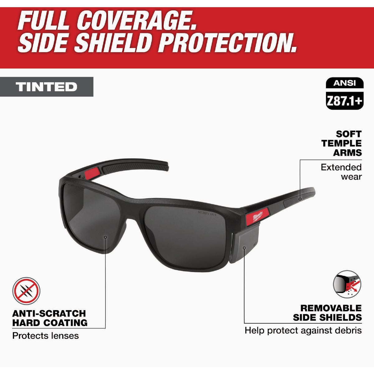 Milwaukee Full Frame Safety Glasses with Tinted Anti-Scratch Lenses & Removable Side Shields Image 2