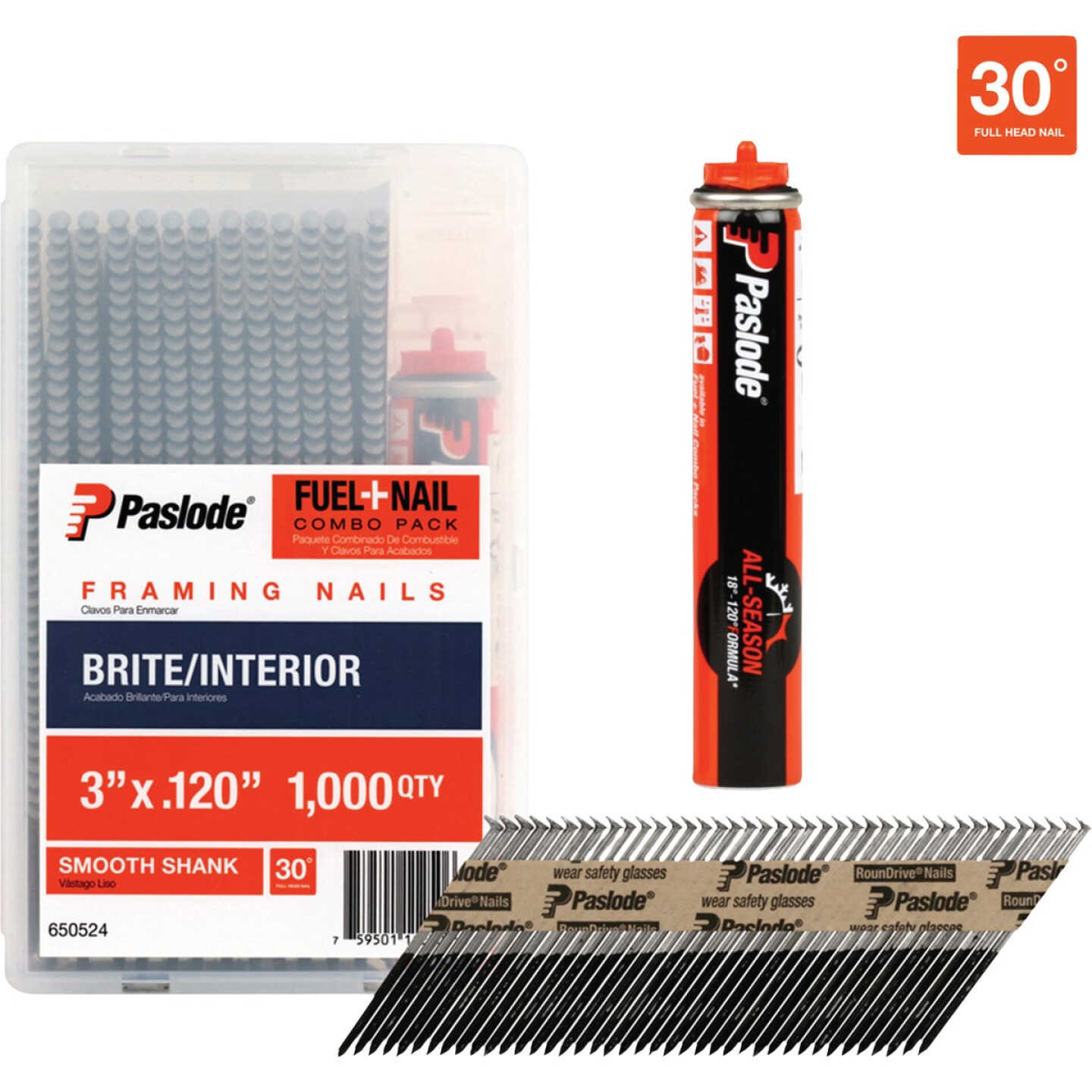 Paslode 3 In. x 0.120 In. 30 Deg. Paper Tape Smooth Shank Roundrive Brite Collated Framing Nails (1000-Count) with Fuel Cell Image 3