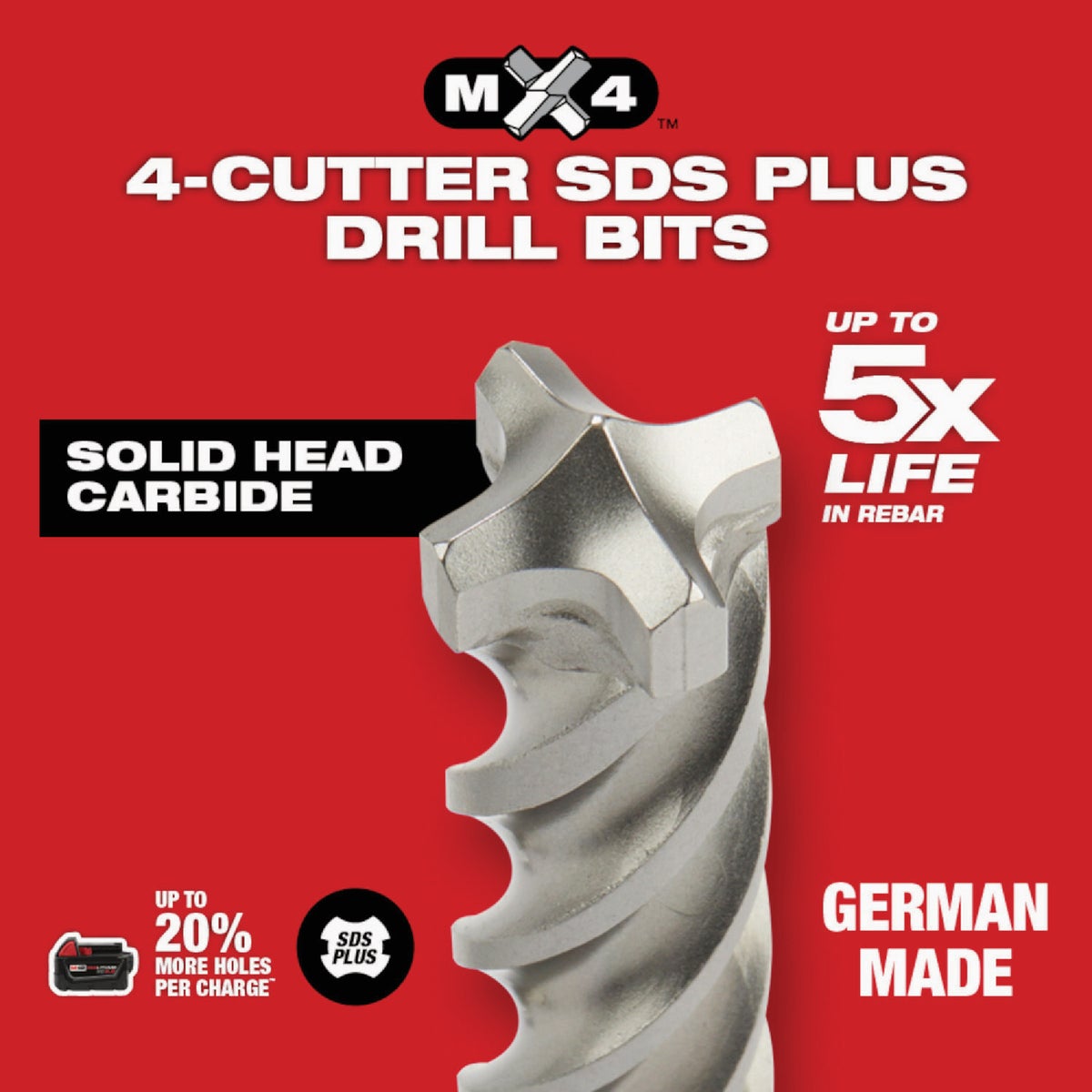 Milwaukee MX4 SDS-PLUS 4-Cutter Solid Carbide Rotary Hammer Drill Bit Set (6-Piece) Image 5