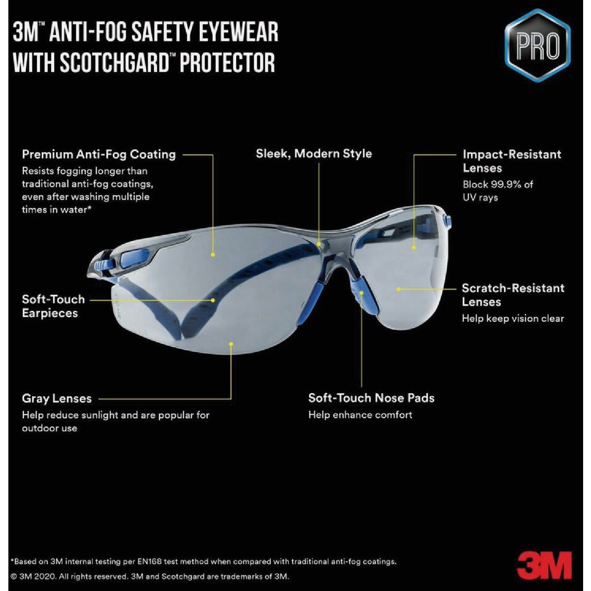 3M Black/Blue Frame Safety Glasses with Anti-Fog Scotchgard Protector Gray Lenses Image 5