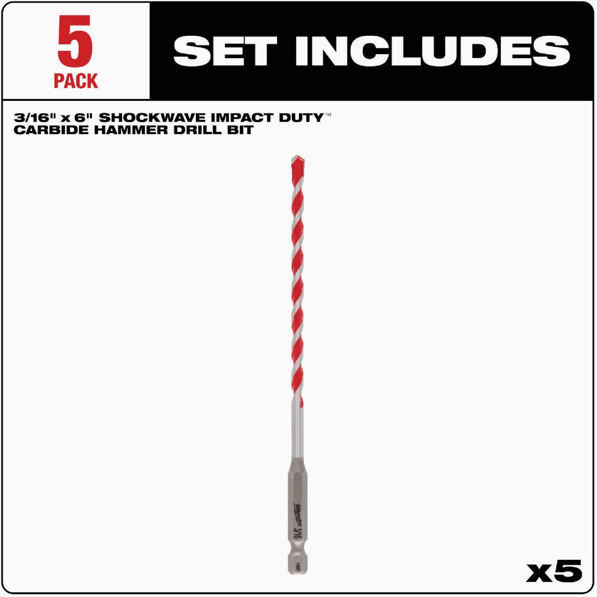 Milwaukee SHOCKWAVE 3/16 In. x 4 In. x 6 In. Impact Duty Carbide Hammer Drill Bits (5-Pack) Image 3