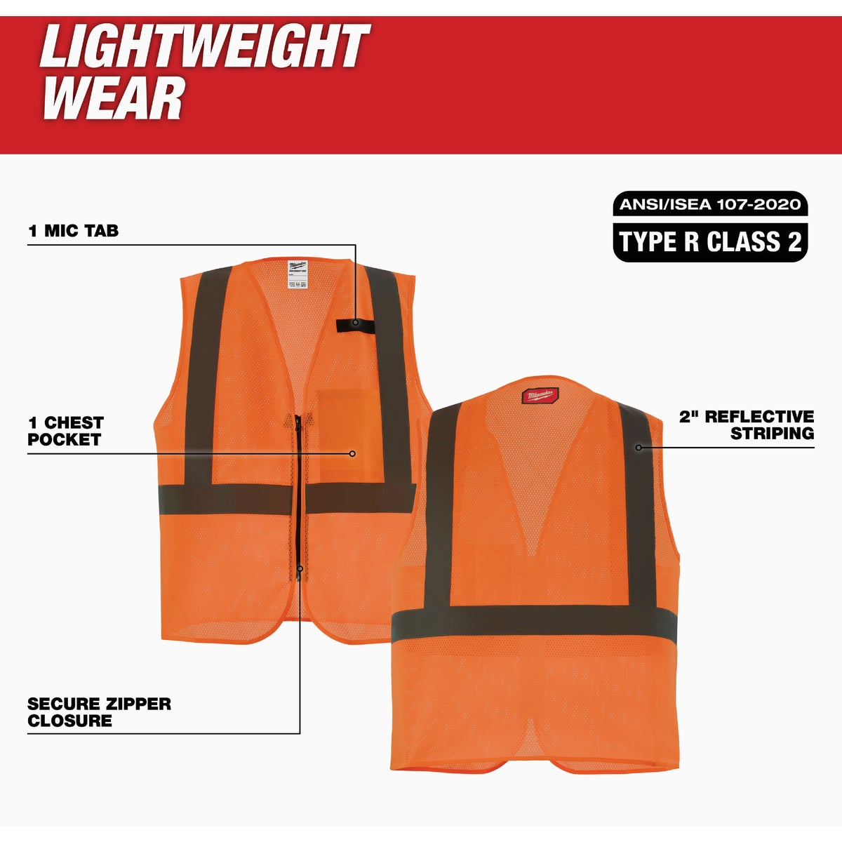Milwaukee ANSI Class 2 High Vis Orange Mesh Safety Vest, Large/XL Image 3