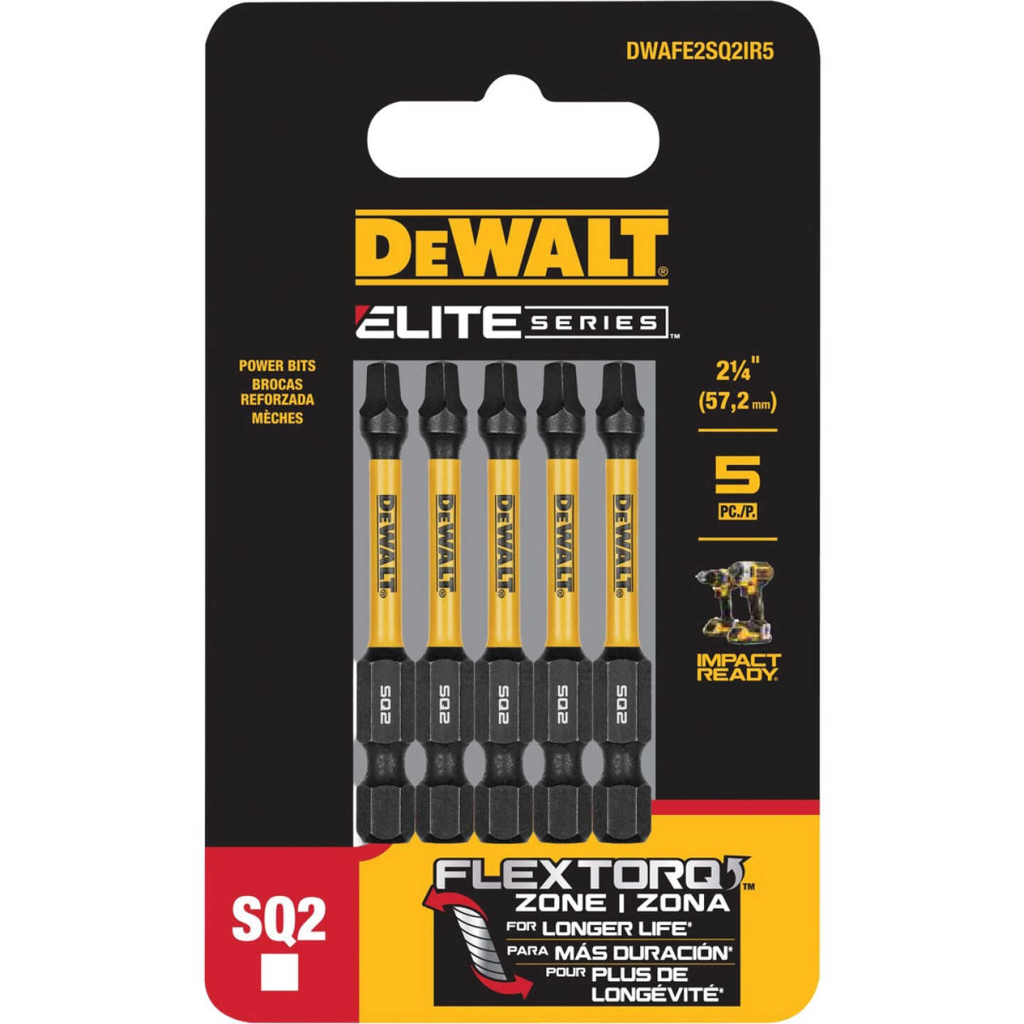 DEWALT Elite Series 1/4 In. x 2-1/4 In. Square/Robertson Impact Driver Bit Set (5-Piece) Image 1