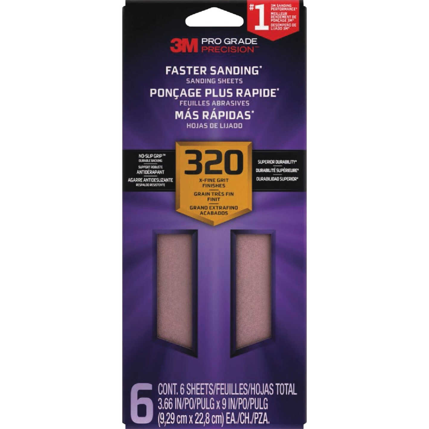 3M Pro Grade Precision 3-2/3 In. x 9 In. 320 Grit 1/3 Sheet Sandpaper with No-Slip Grip Backing (6-Pack) Image 1