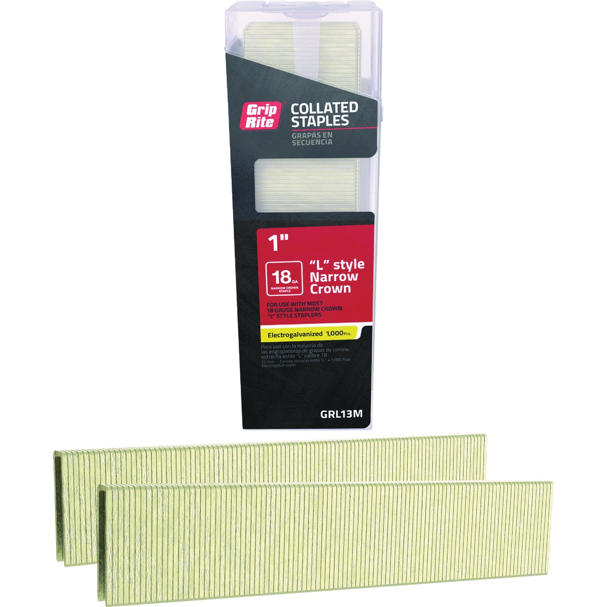 Grip-Rite 1/4 In. x 1 In. 18 ga Electrogalvanized L-Style Collated Narrow Crown Staple (1000-Count) Image 1