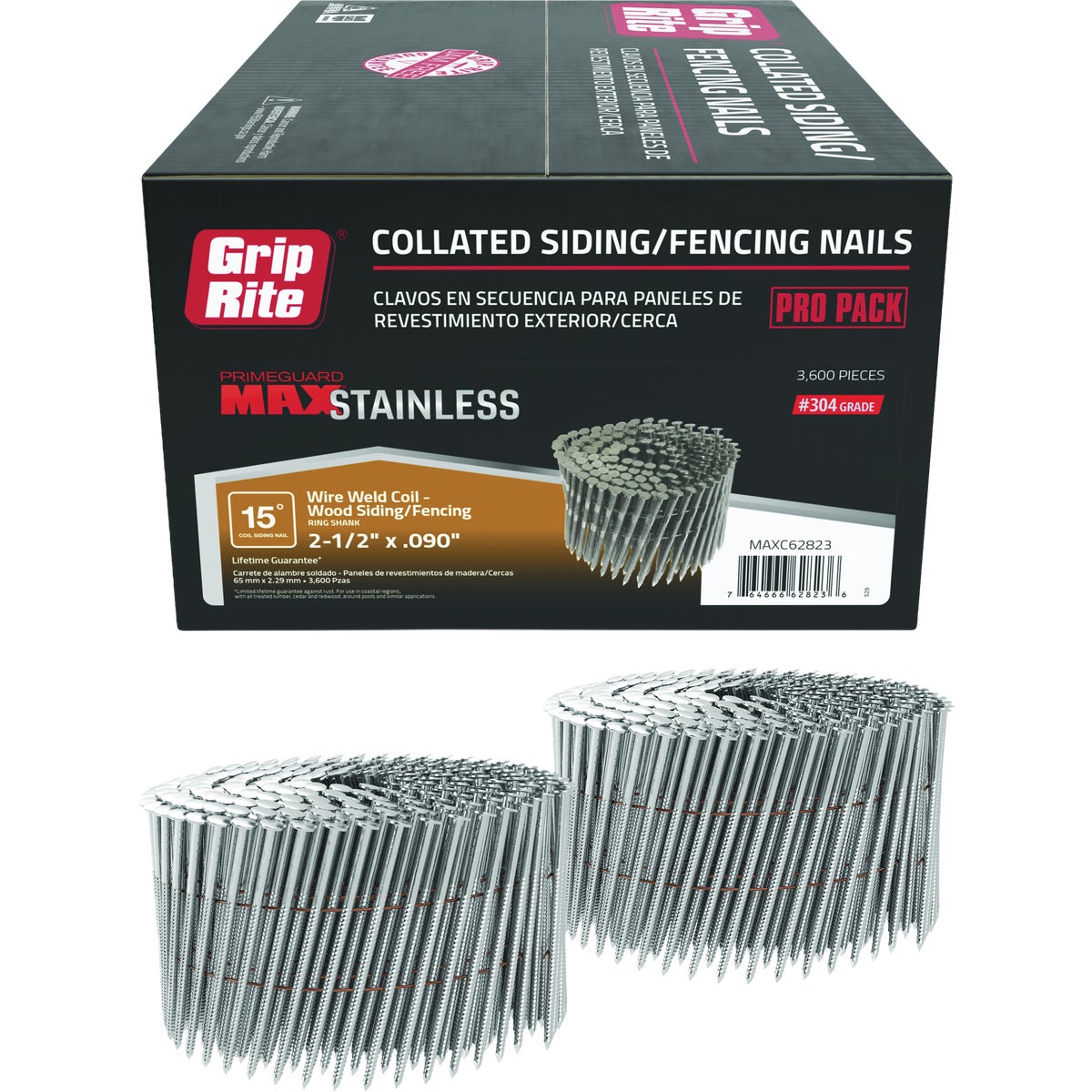 Grip-Rite 2-1/2 In. x 0.090 In. 15 Deg. #304 Stainless Steel Ring Shank Checkered Head Wire Weld Collated Siding Nail (3600-Count) Image 1