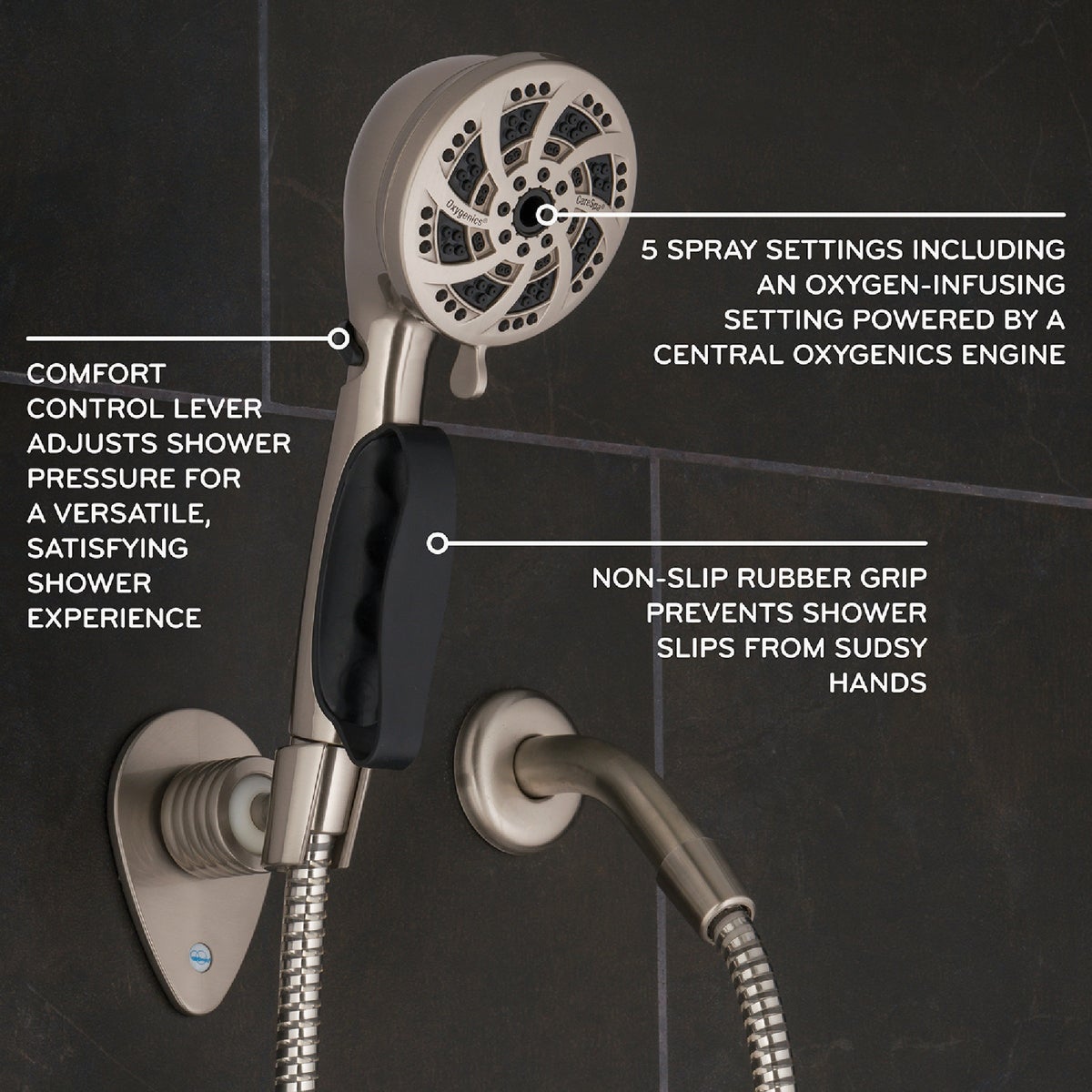 Oxygenics CareSpa 5-Spray 1.8 GPM Handheld Showerhead, Brushed Nickel Image 2