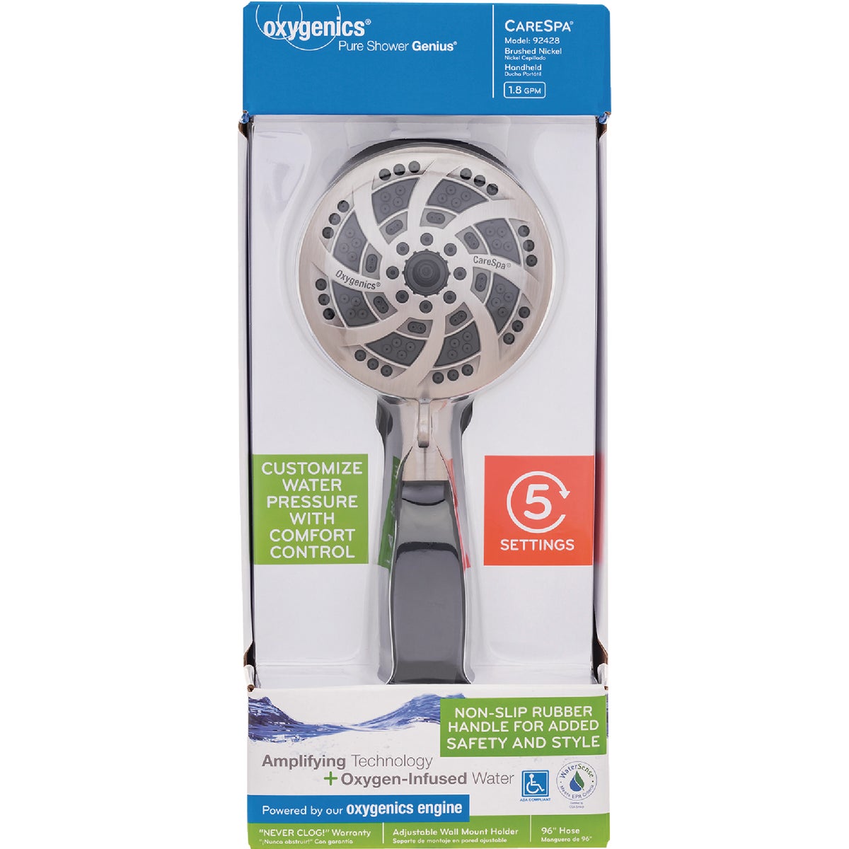 Oxygenics CareSpa 5-Spray 1.8 GPM Handheld Showerhead, Brushed Nickel Image 7