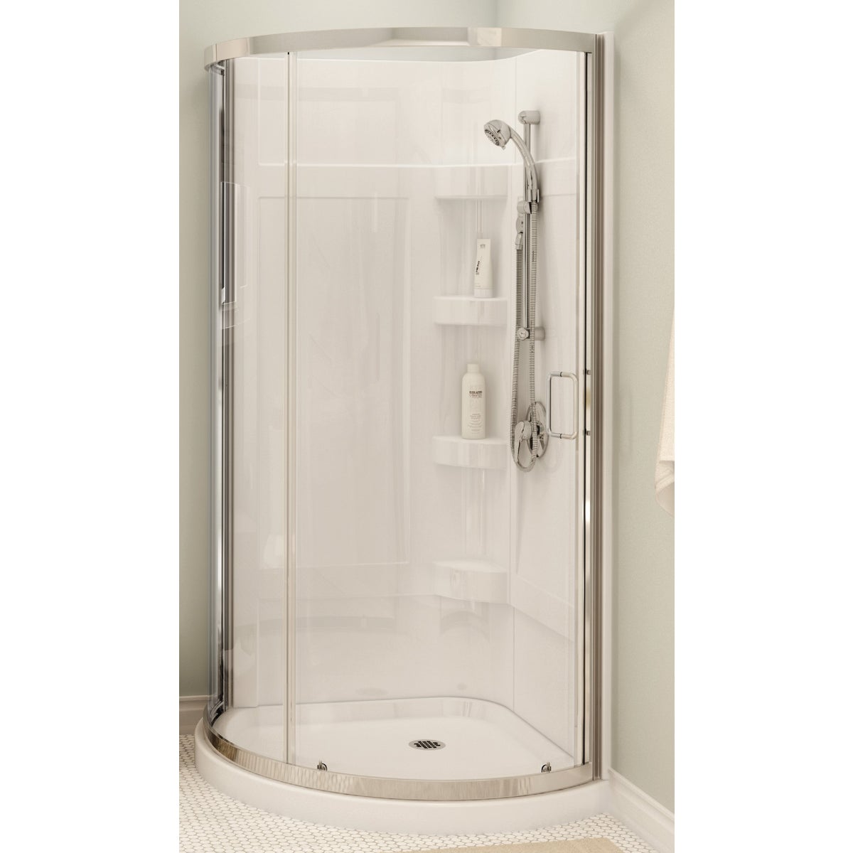 Maax Cyrene 34 In. L x 34 In. D x 76-1/8 In. H. Center Drain Corner Shower Kit in White with Frameless Sliding Door in Chrome
