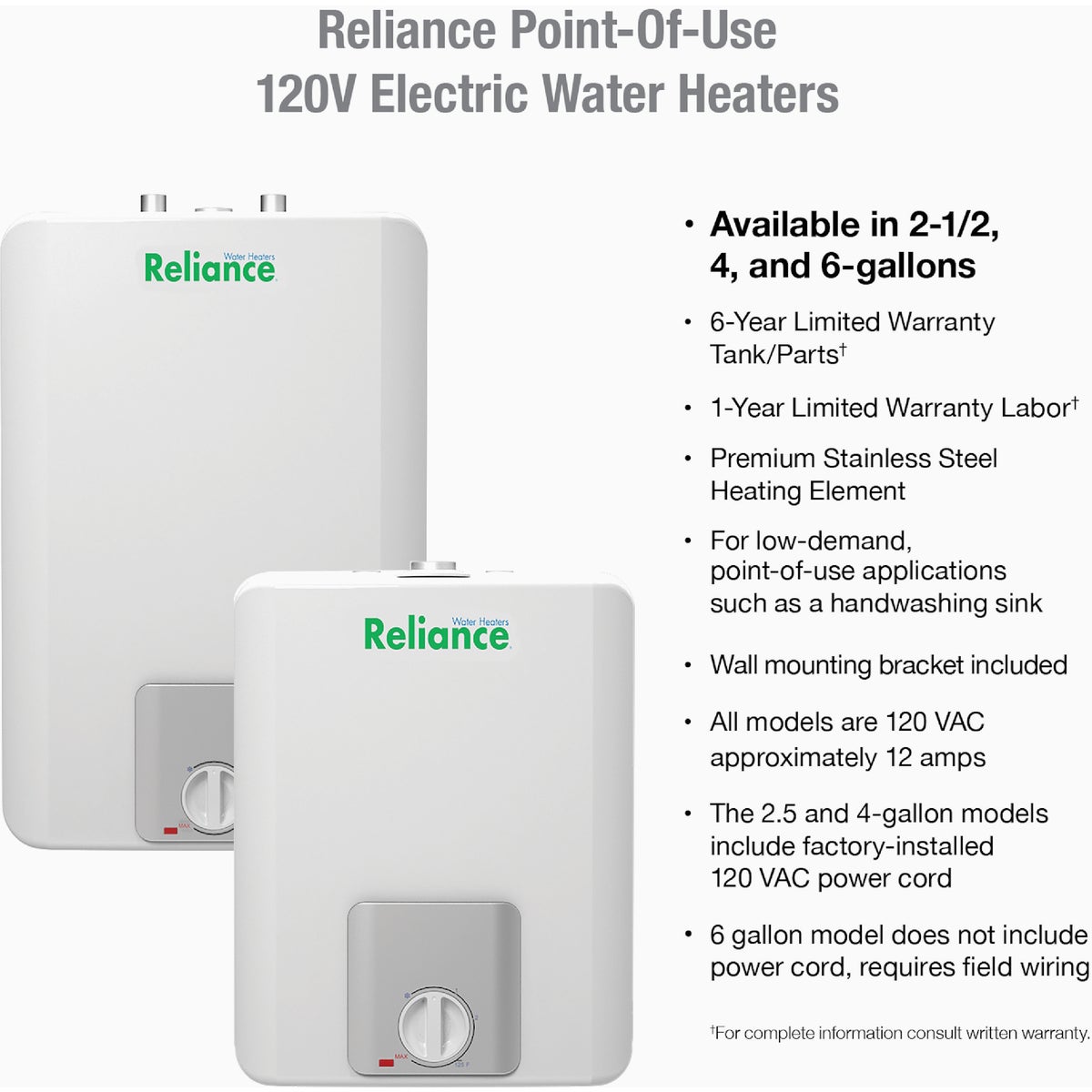 Reliance 2.5 Gal. 6 Year 1440-Watt Element Point-of-Use Electric Water Heater Image 2