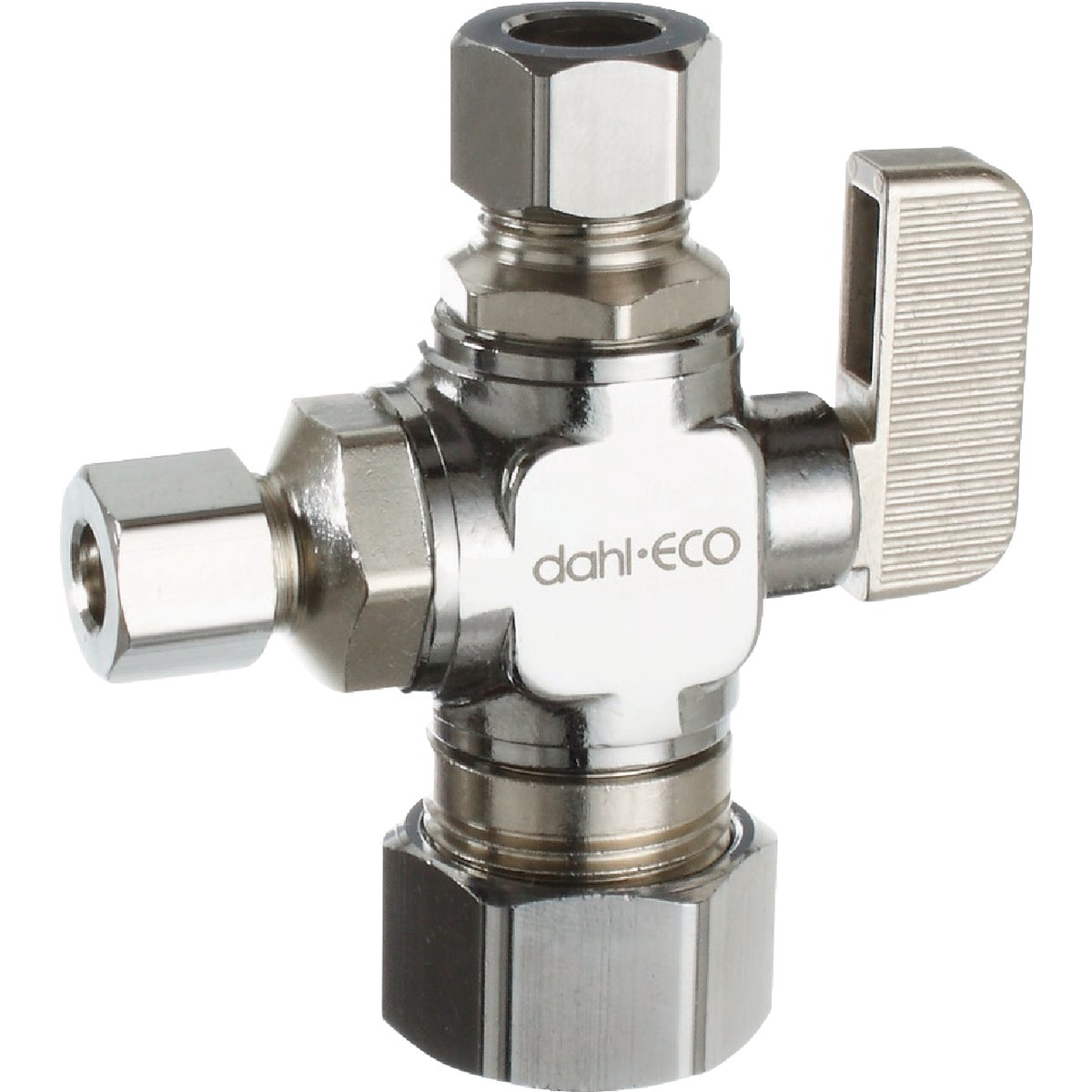 dahl 5/8 In. OD Comp (1/2 In. Nom.) x 3/8 In. OD Comp x 1/4 In. OD Comp Straight Plated Dual Outlet Supply Stop