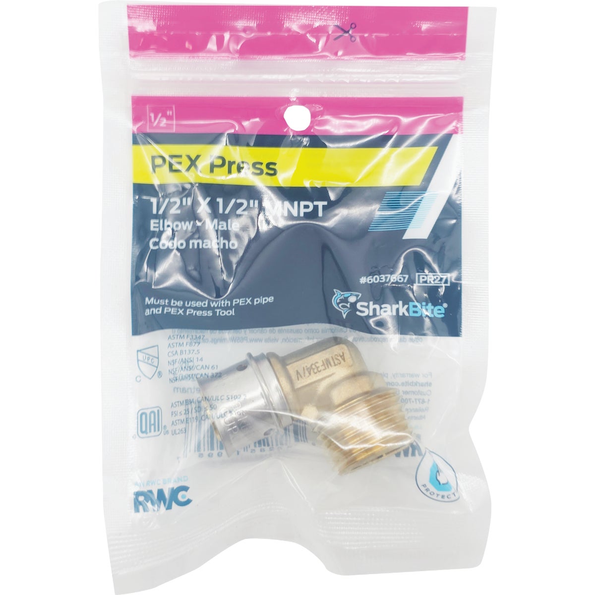 SharkBite 1/2 In. x 1/2 In. MNPT PEX Press Brass Adapter Elbow Image 2