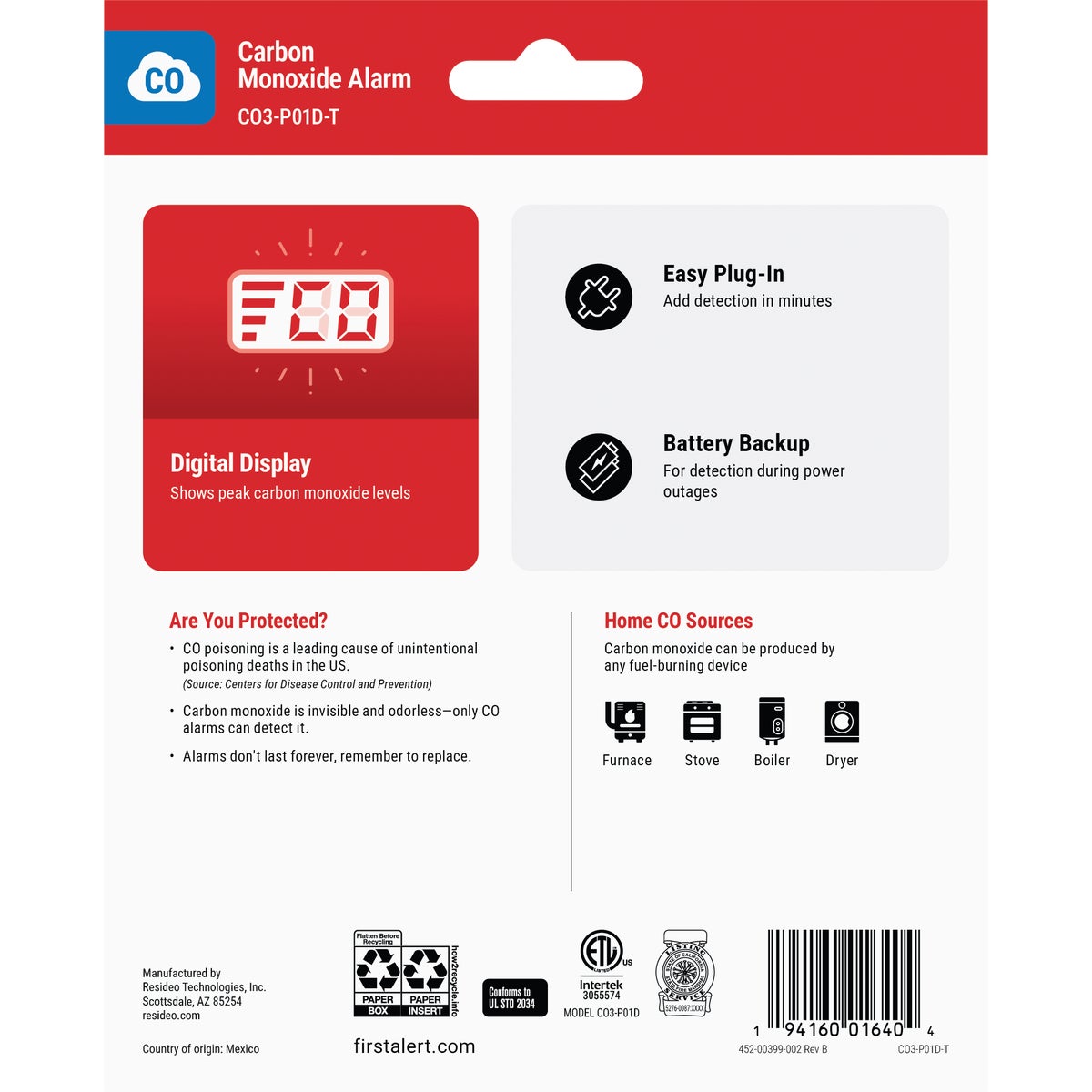 First Alert CO615 Plug-In Electrochemical Carbon Monoxide Alarm with Battery Backup and Digital Display Image 2