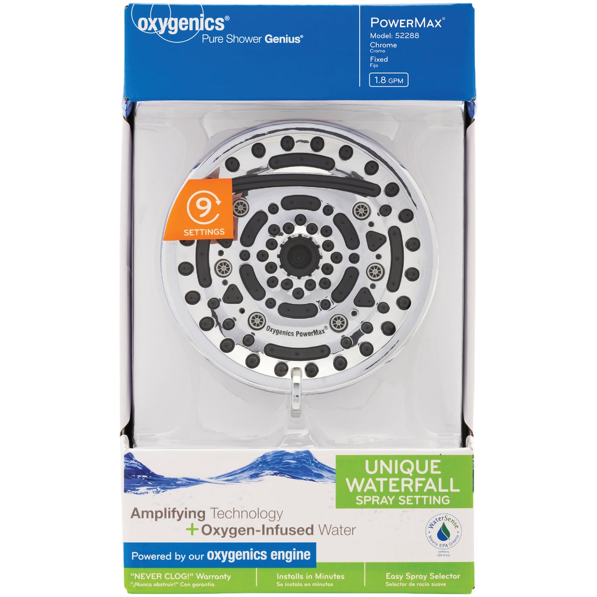 Oxygenics PowerMax 9-Spray 1.8 GPM Fixed Shower Head, Chrome Image 2