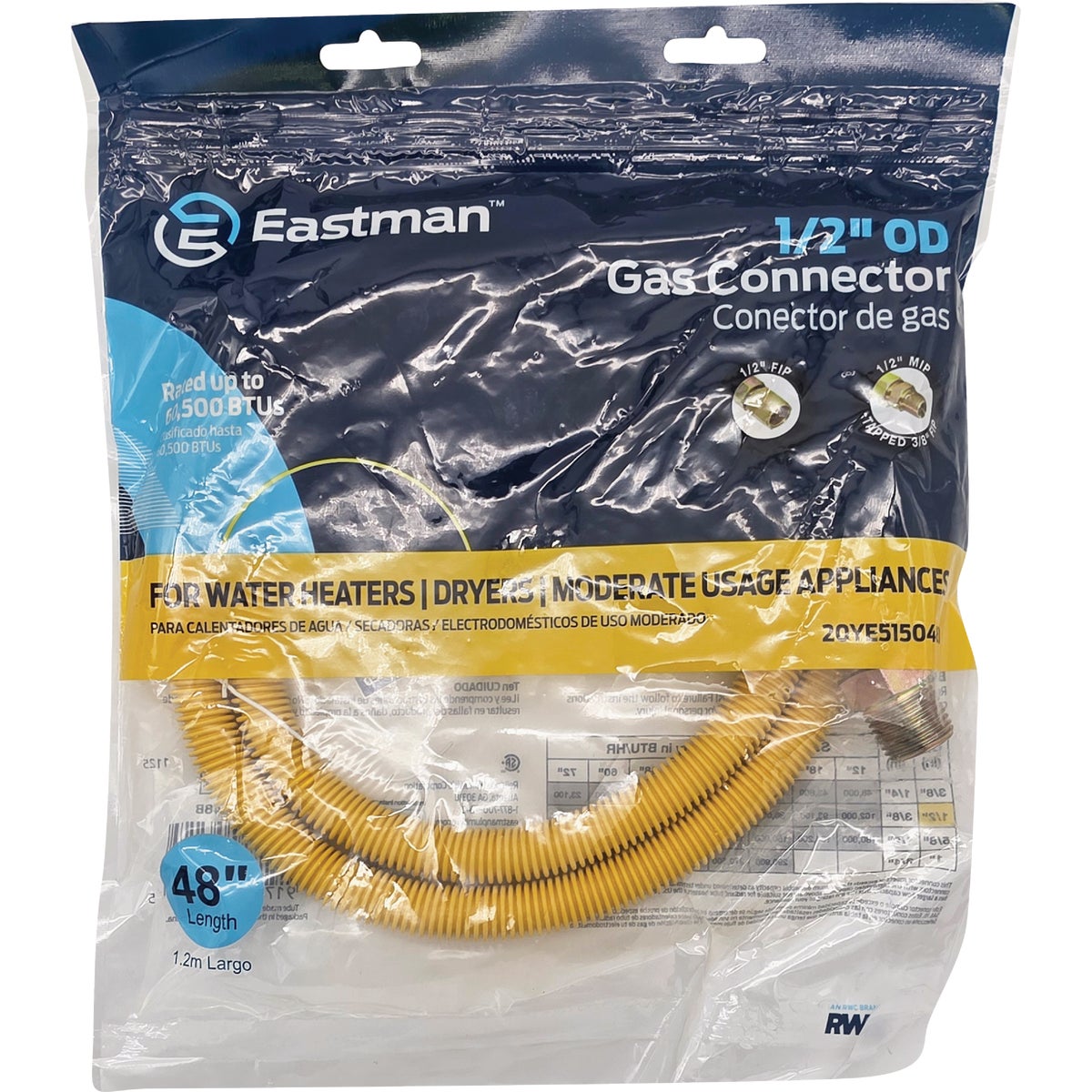 Eastman 1/2 In. OD x 48 In. 1/2 In. FIP x 1/2 In. MIP (Tapped 3/8 In. FIP) Coated Stainless Steel Gas Connector Image 2