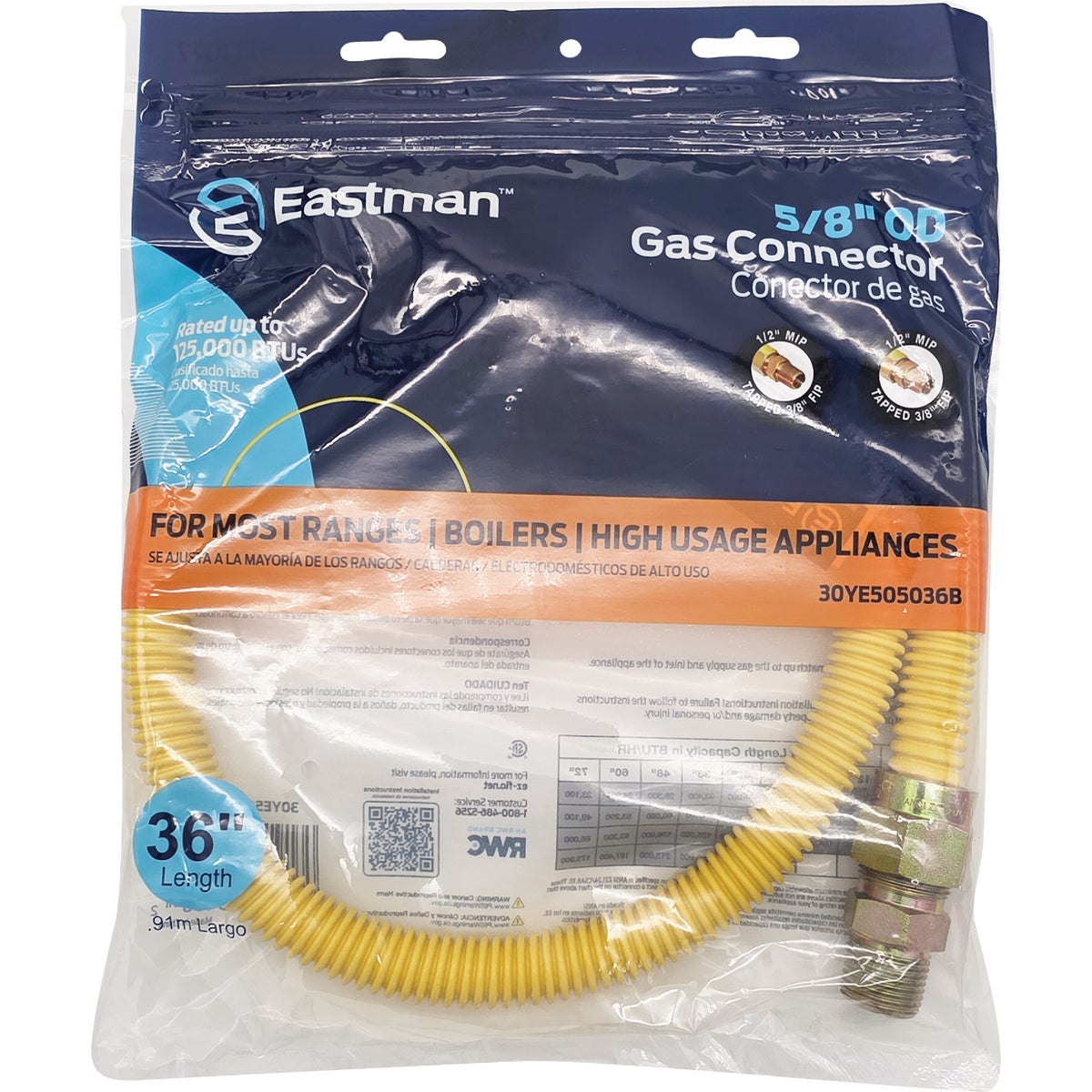 Eastman 5/8 In. OD x 36 In. 1/2 In. MIP (Tapped 3/8 In. FIP) x 1/2 In. MIP (Tapped 3/8 In. FIP) Coated Stainless Steel Gas Connector Image 2