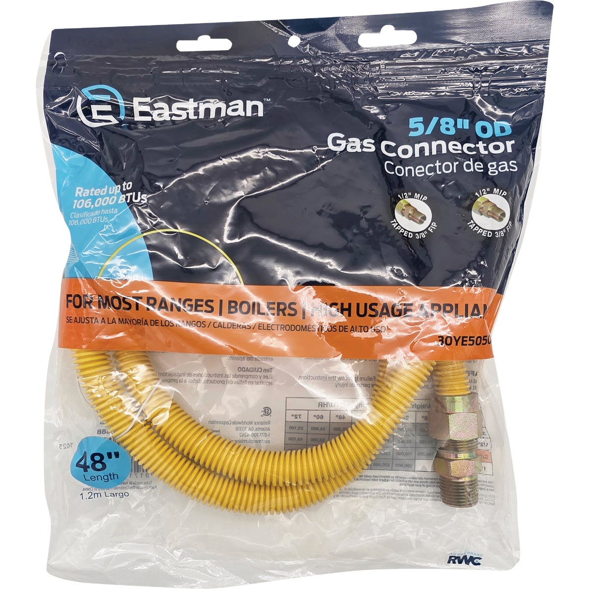 Eastman 5/8 In. OD x 48 In. 1/2 In. MIP (Tapped 3/8 In. FIP) x 1/2 In. MIP (Tapped 3/8 In. FIP) Coated Stainless Steel Gas Connector Image 2