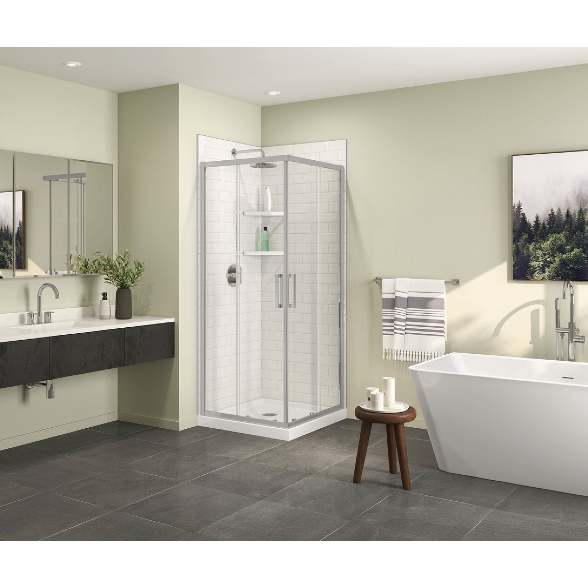 Maax Scarlet 32 In. L x 32 In. D x 78-3/4 In. H Acrylic Corner Drain Shower Kit in White with Clear Glass in Chrome Image 2