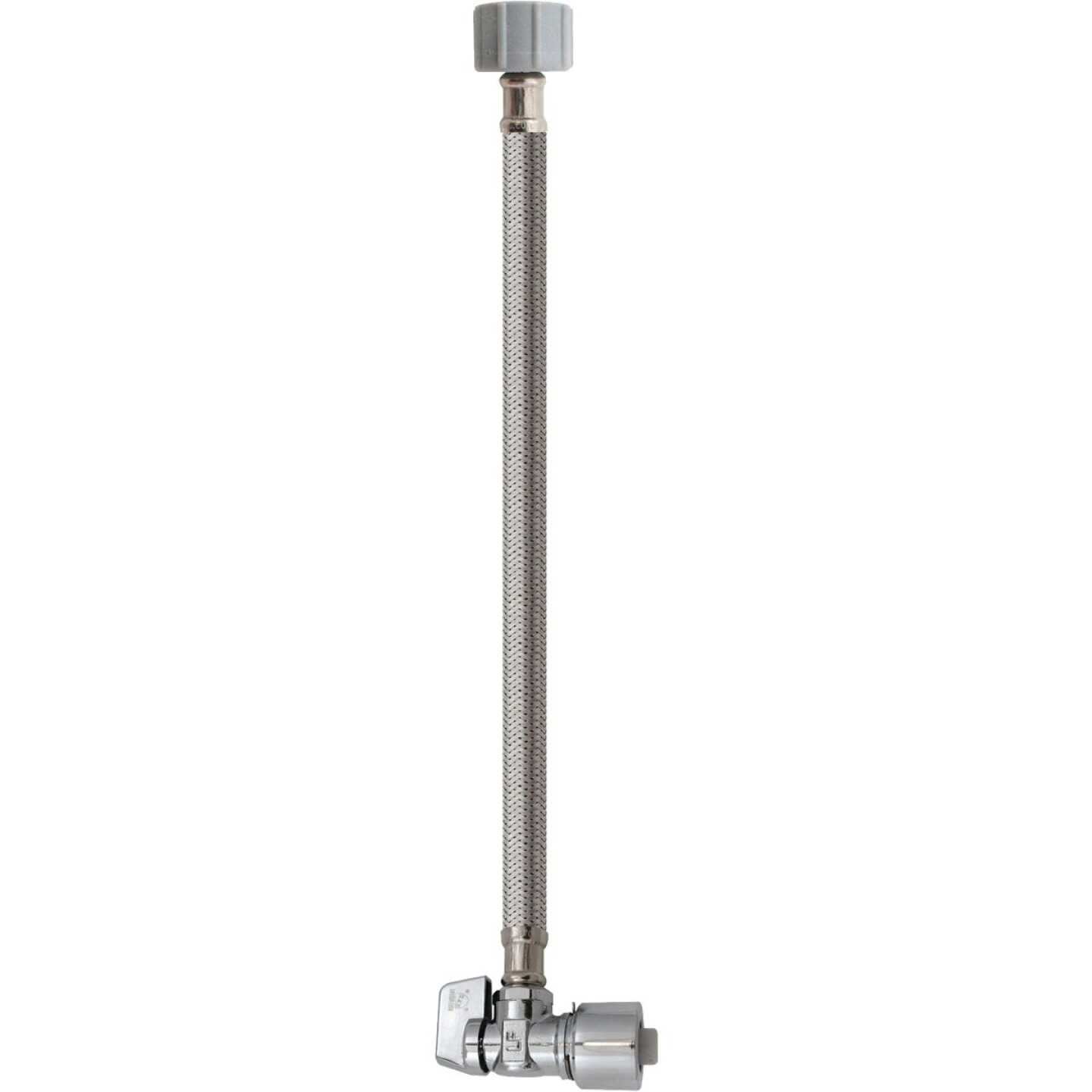 Keeney 5/8 In. x 20 In. Stainless Steel Quick Lock Toilet Supply Tube with Angled Quarter Turn Valve Image 1