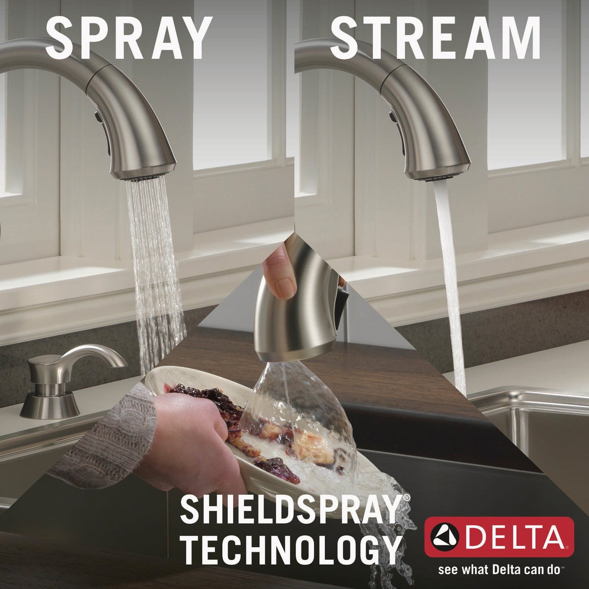 Delta Ashton Stainless Steel High-Arc Kitchen Faucet With Pull-Down ShieldSpray + Soap Dispenser Image 2