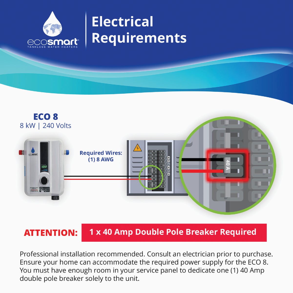 EcoSMART 220V 8.0kW Tankless Electric Water Heater Image 4